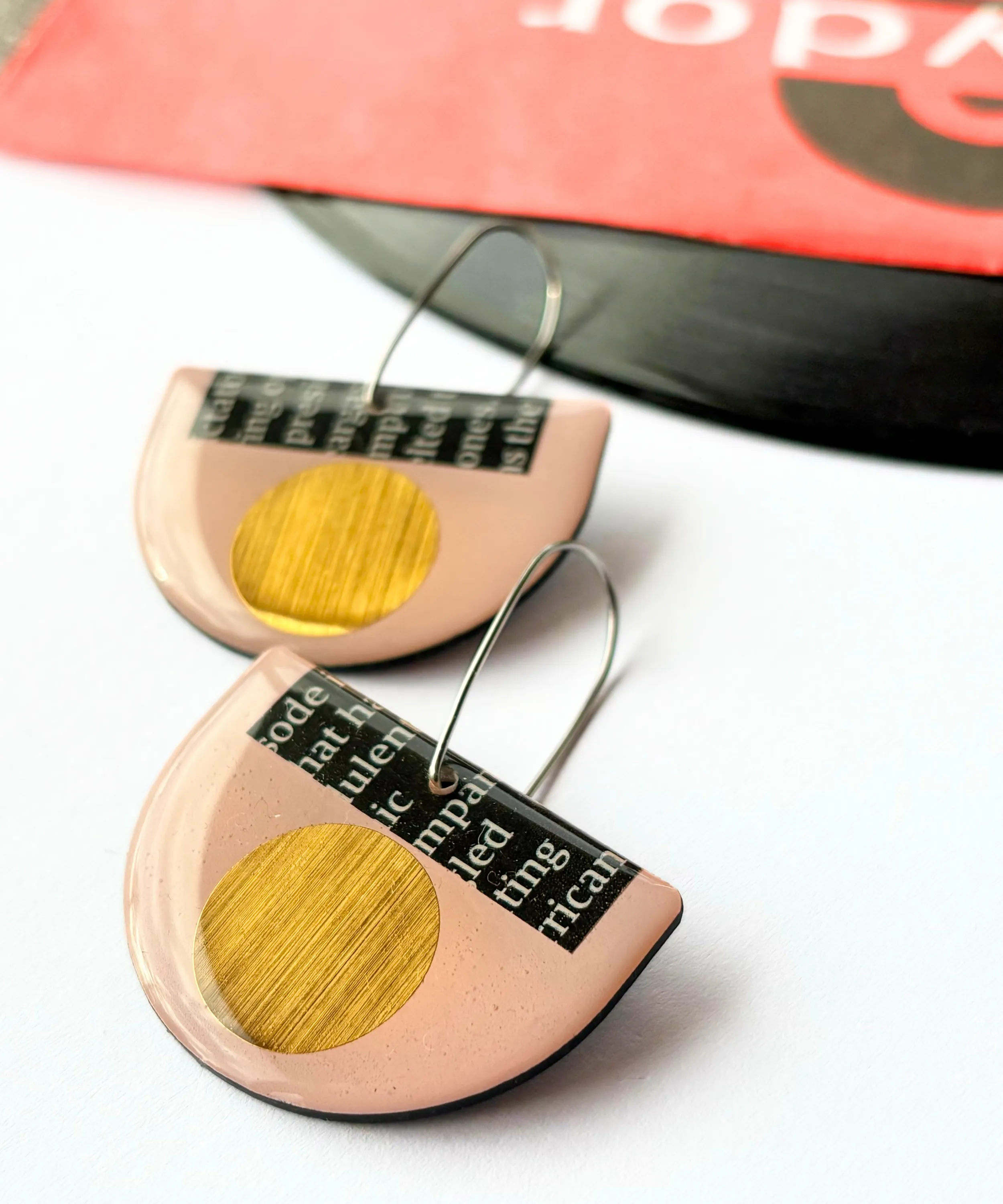 50% OFF / repurposed vinyl record earrings in pink and gold / unique Irish jewellery design