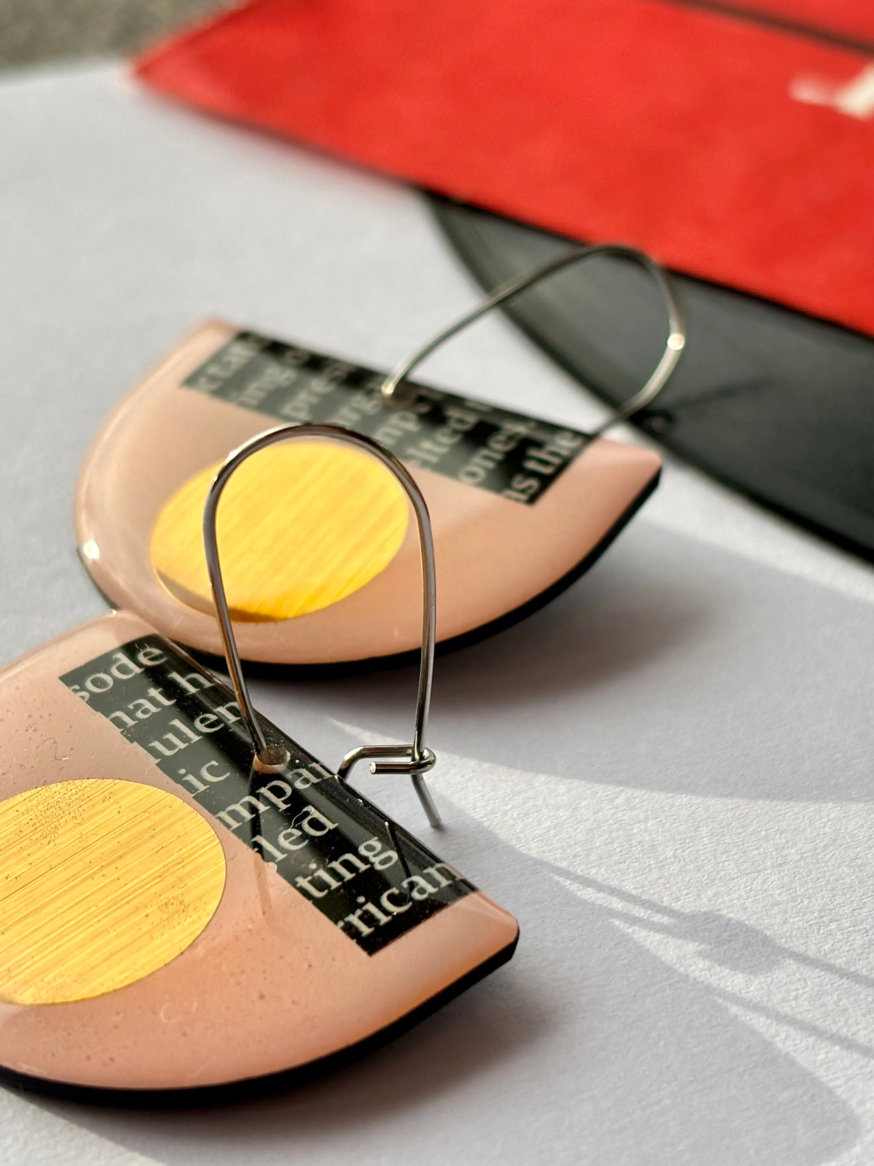 50% OFF / repurposed vinyl record earrings in pink and gold / unique Irish jewellery design