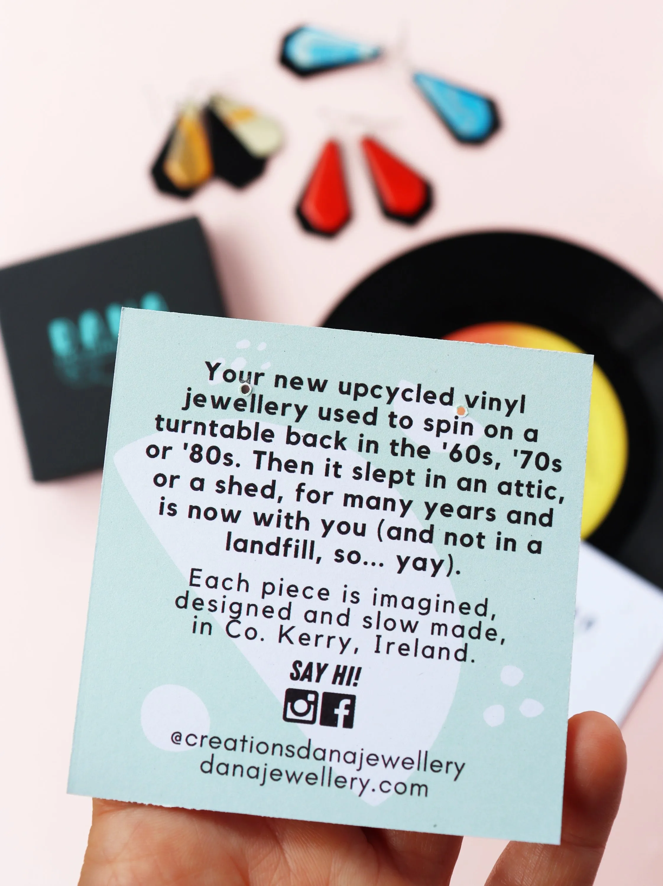 50% OFF / repurposed vinyl record earrings in pink and gold / unique Irish jewellery design