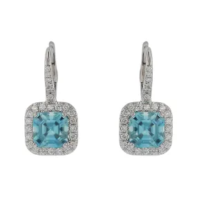 5.03ct Emerald Cut Blue Zircon and 0.46ct Diamond Halo Earrings in 18K White Gold