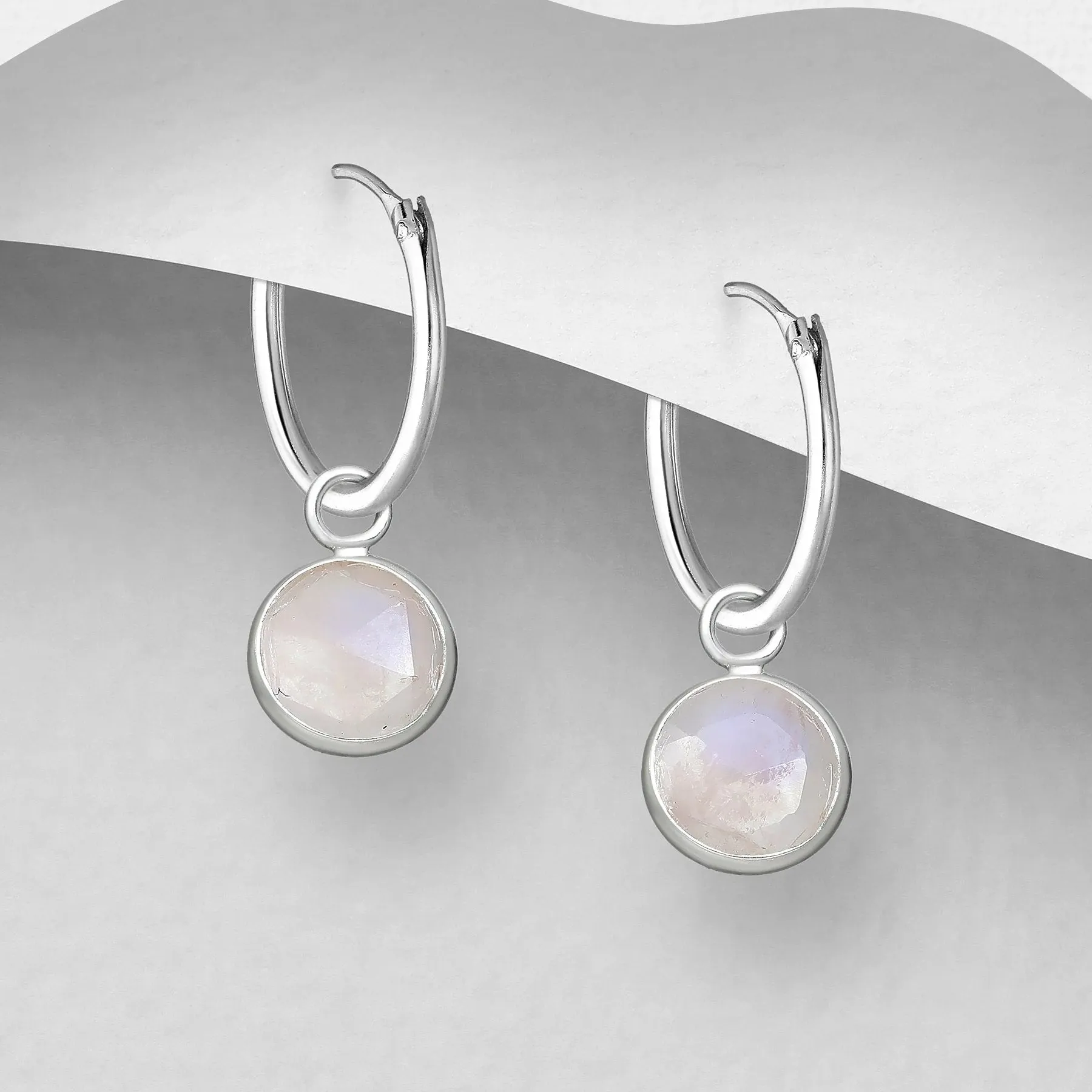 925 Silver Earrings | Single Semi Precious Stone Hoops | Rose Quartz