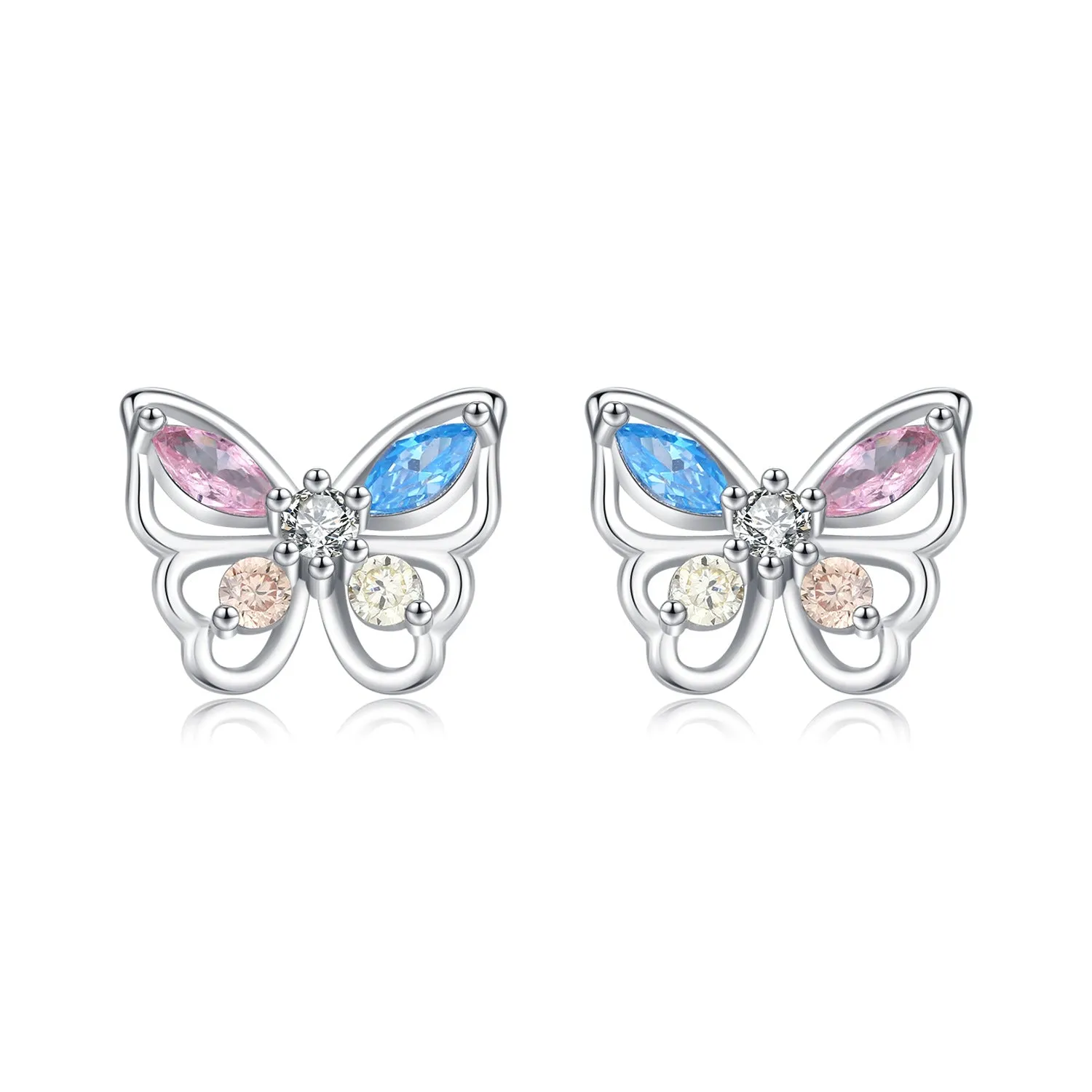 925 Sterling Silver Dopamine Color Butterfly Stud Earrings - Sweet and Delicate Korean Version