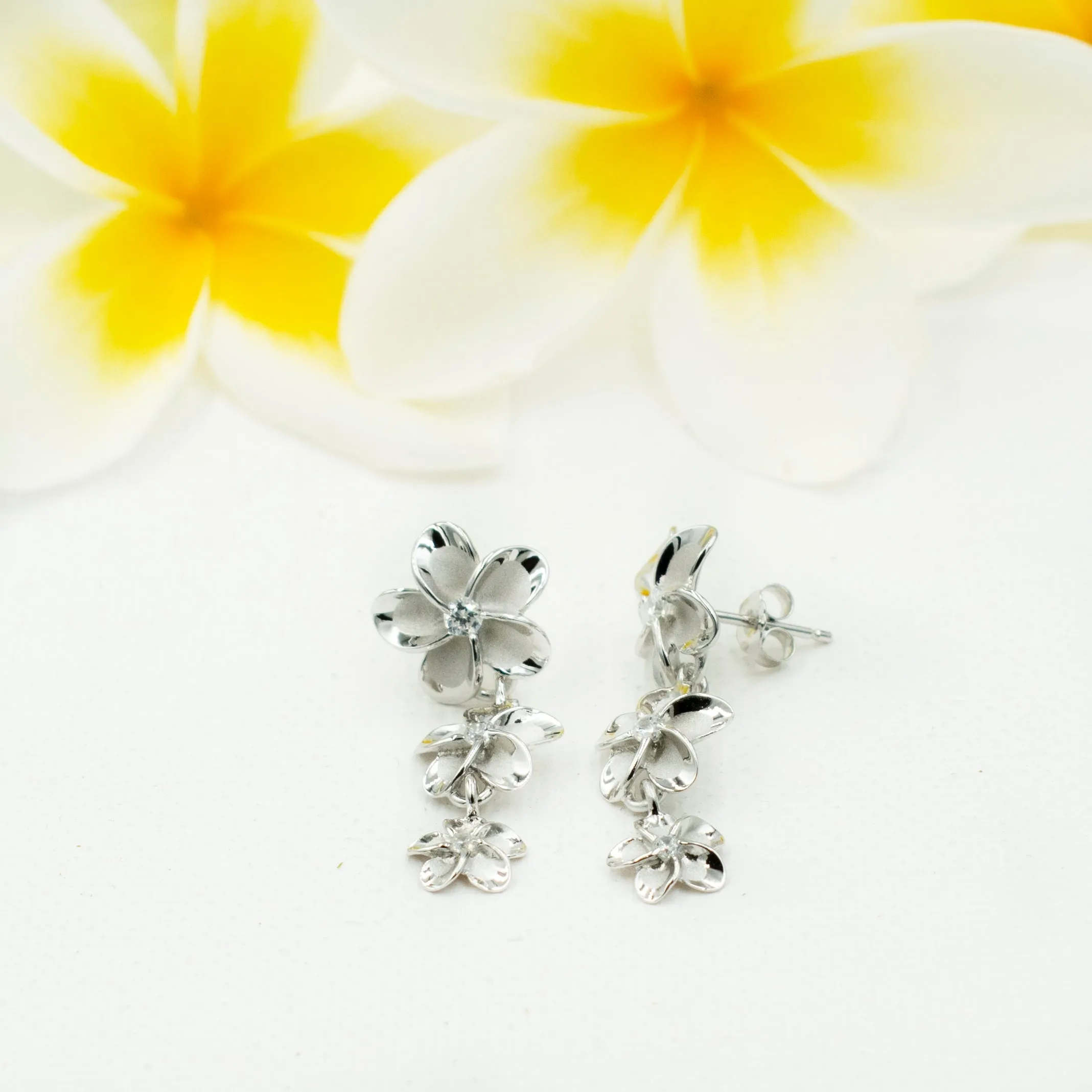 925 Sterling Silver Plumeria Earrings for Women. 1 1/4" Long, Gradual 8-10-12mm Dangling Three Flowers, Hawaiian Earrings.  Bridal Jewelry.