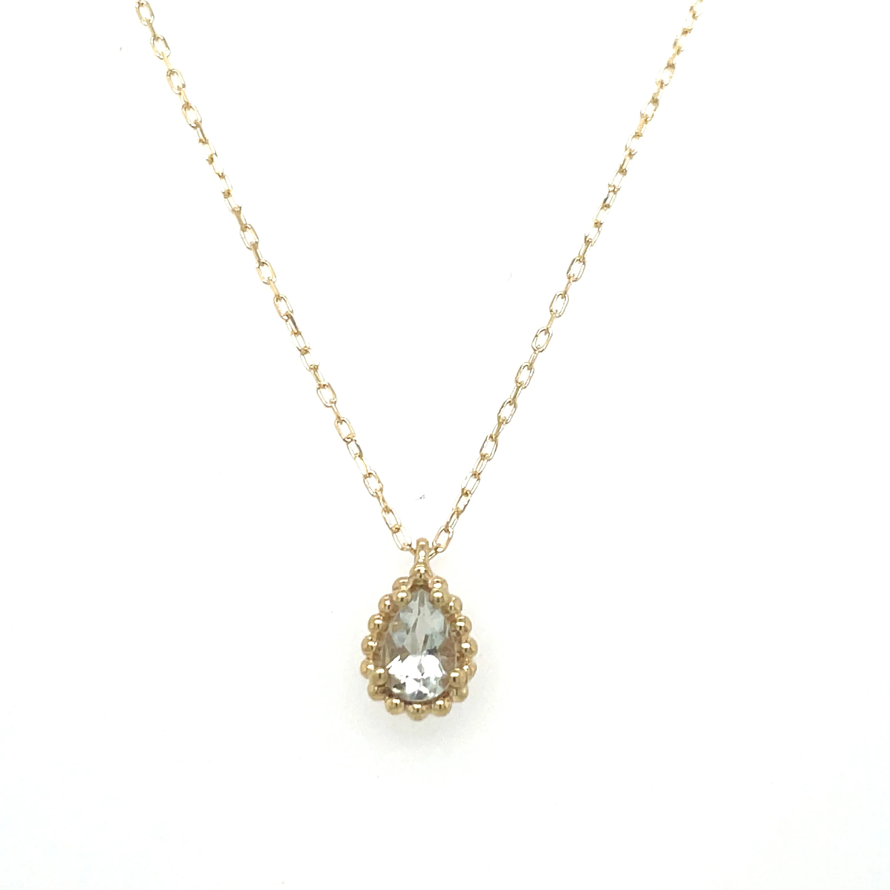 9ct Yellow Gold Pear Cut Green Amethyst Necklace with Dotted Edge