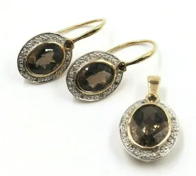 9ct Yellow Gold Smoky Quartz & Diamond Earring & Pendant Set