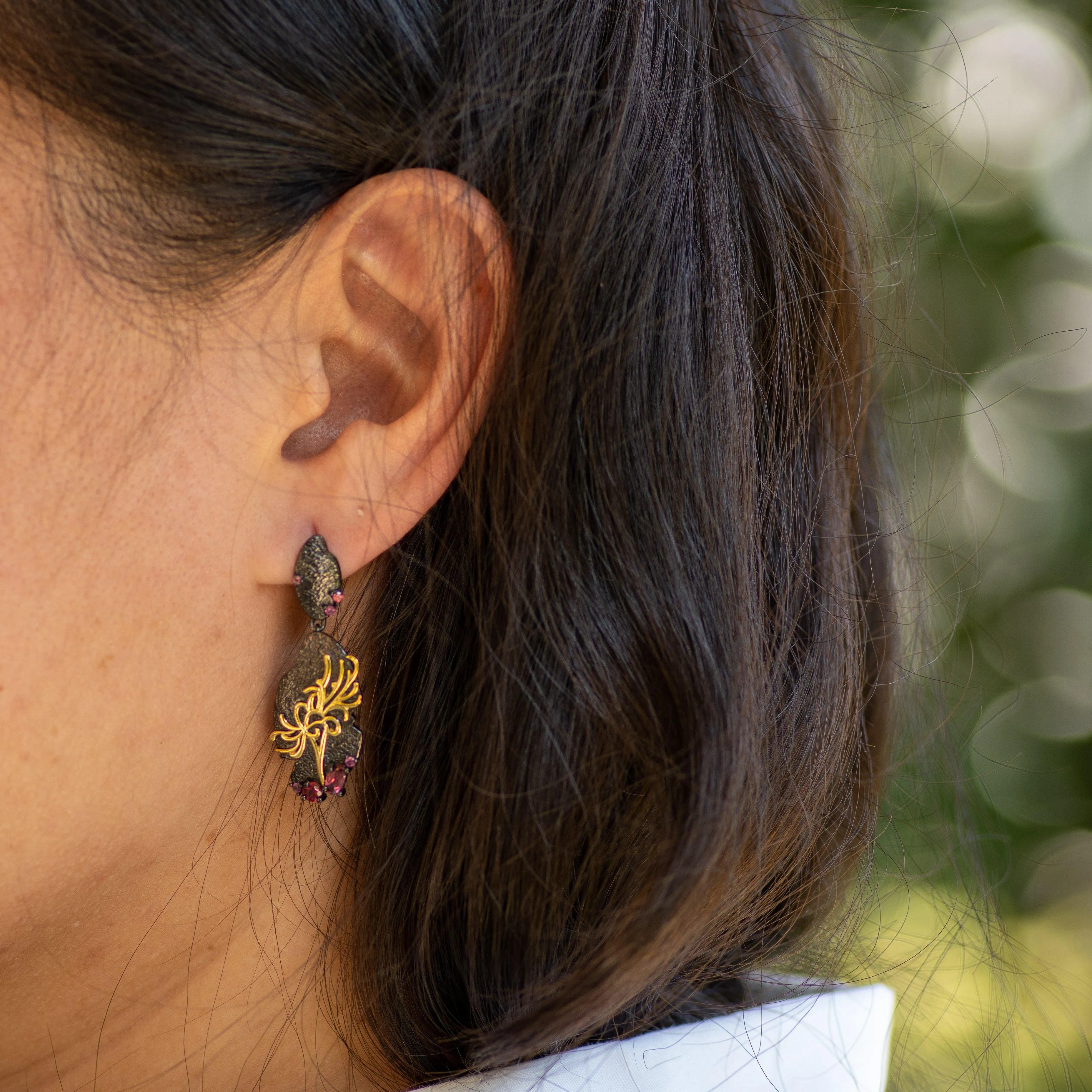 Abstract Black Garnet Drop Earrings in Sterling Silver