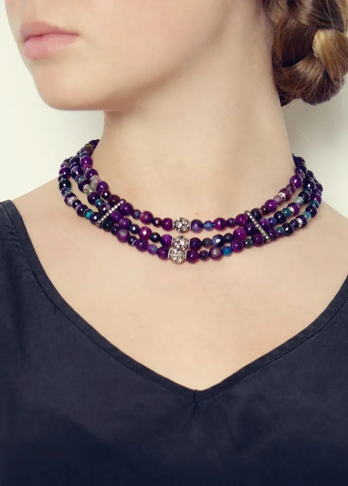 Amethyst and blue agate gemstone collar by Rosie Fox