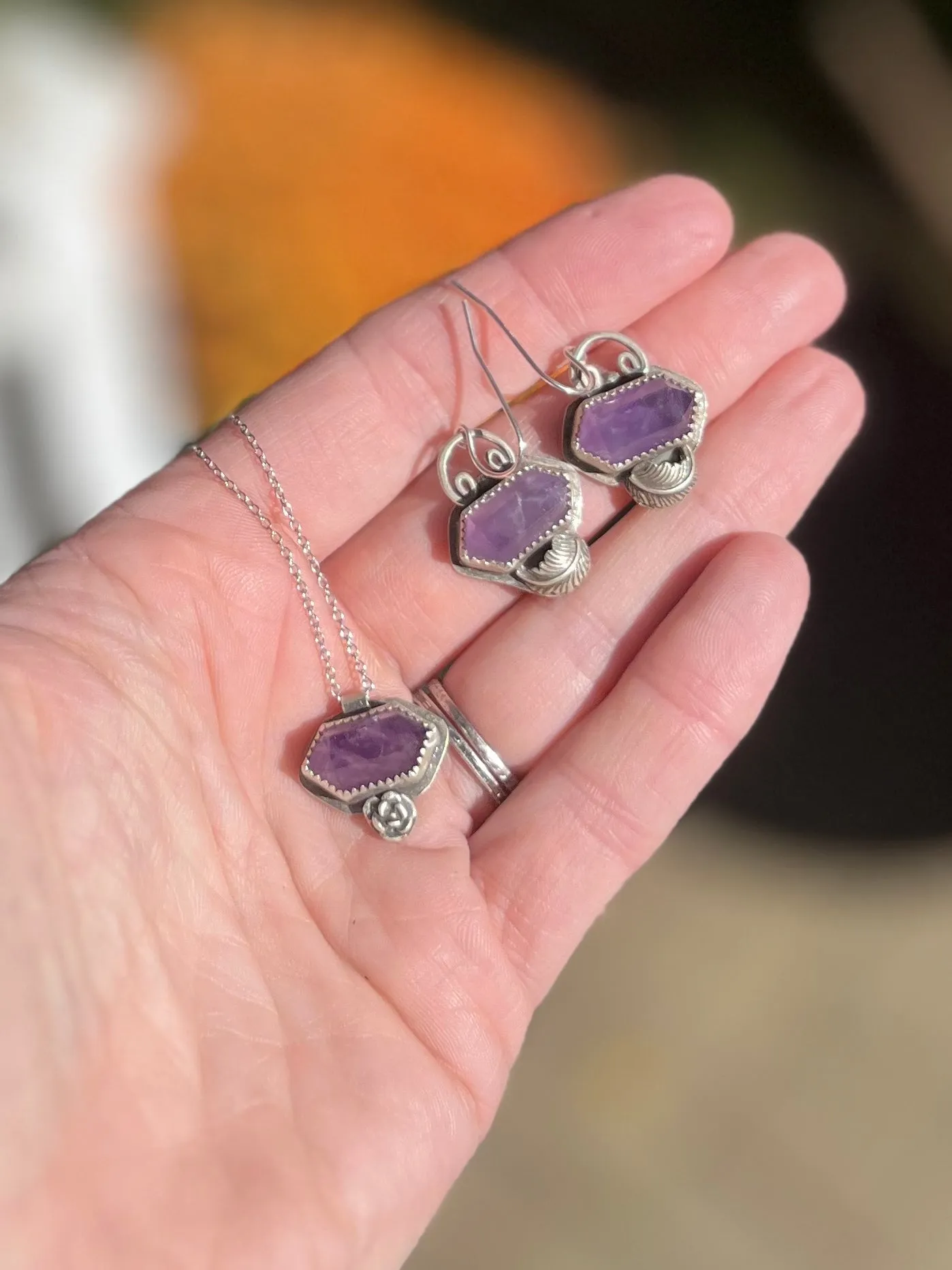 Amethyst Crystal and Flower Necklace