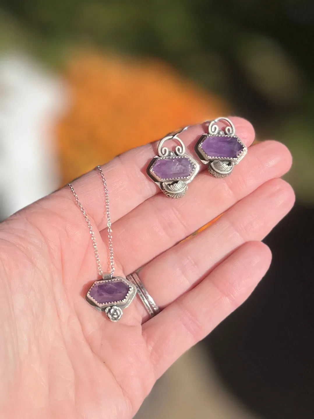 Amethyst Crystal and Flower Necklace