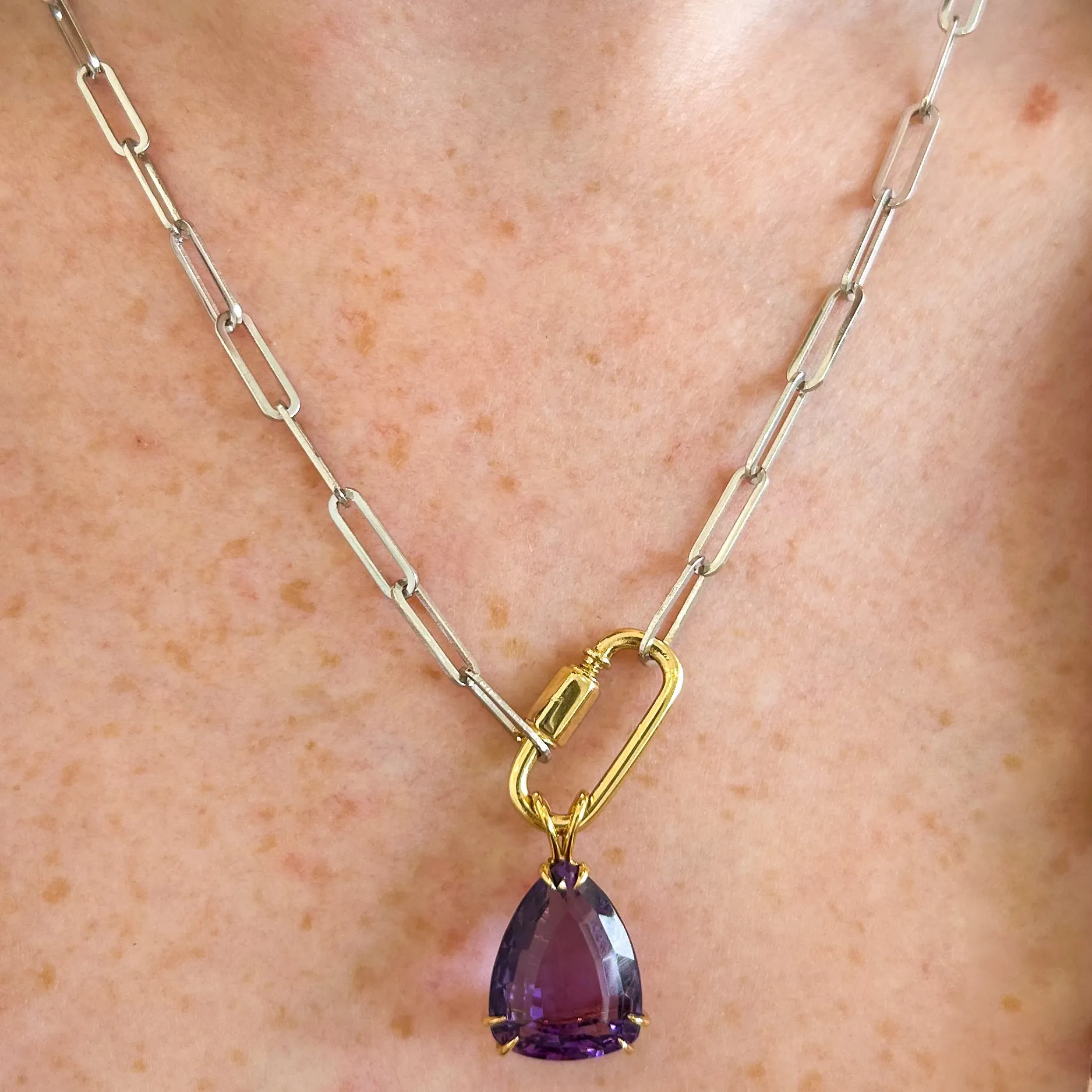 Amethyst Pendant Paper Clip Chain Necklace