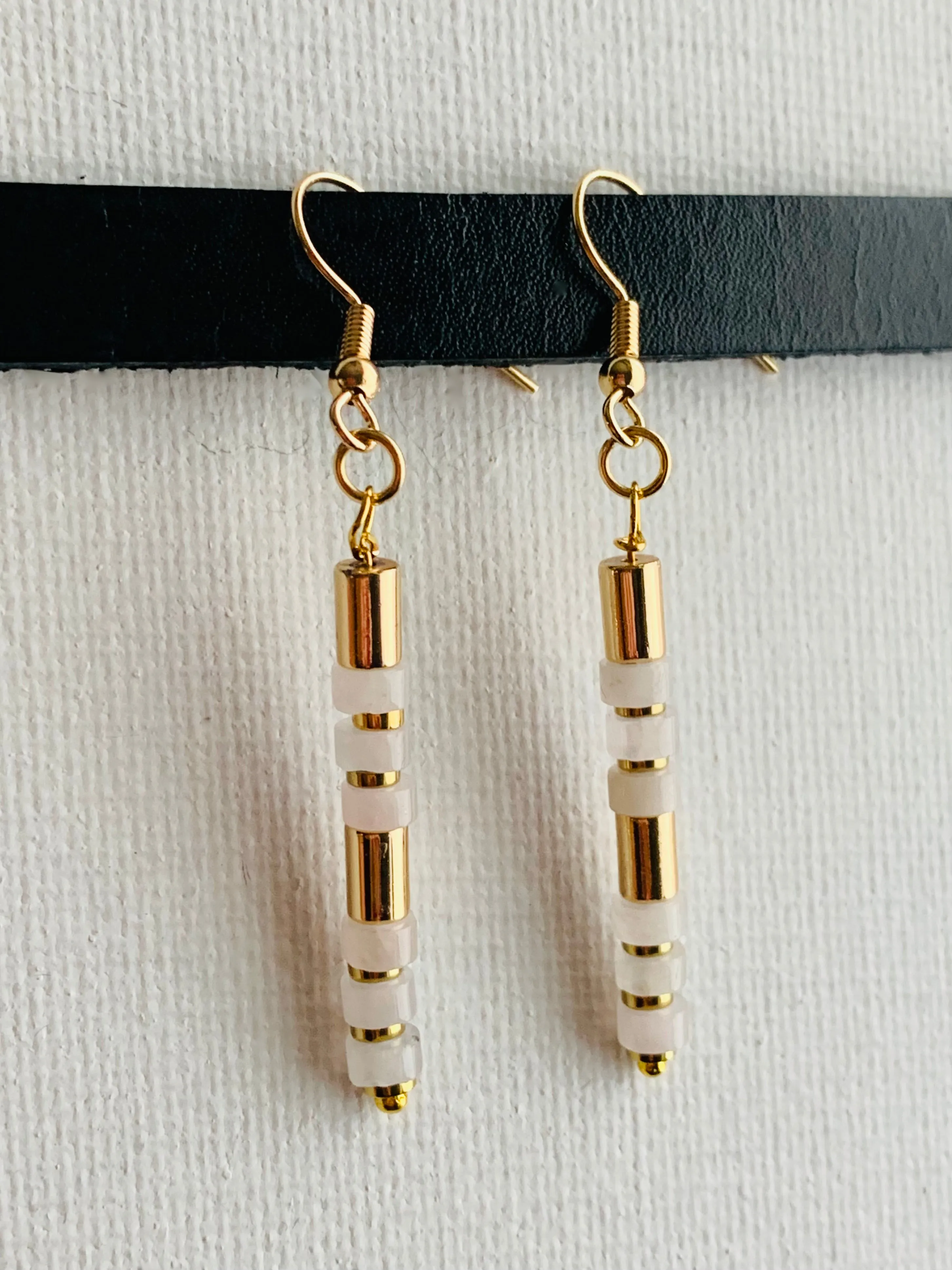 Andrea Handmade Rose Quartz and Gold Plated Hematite Stack Earrings