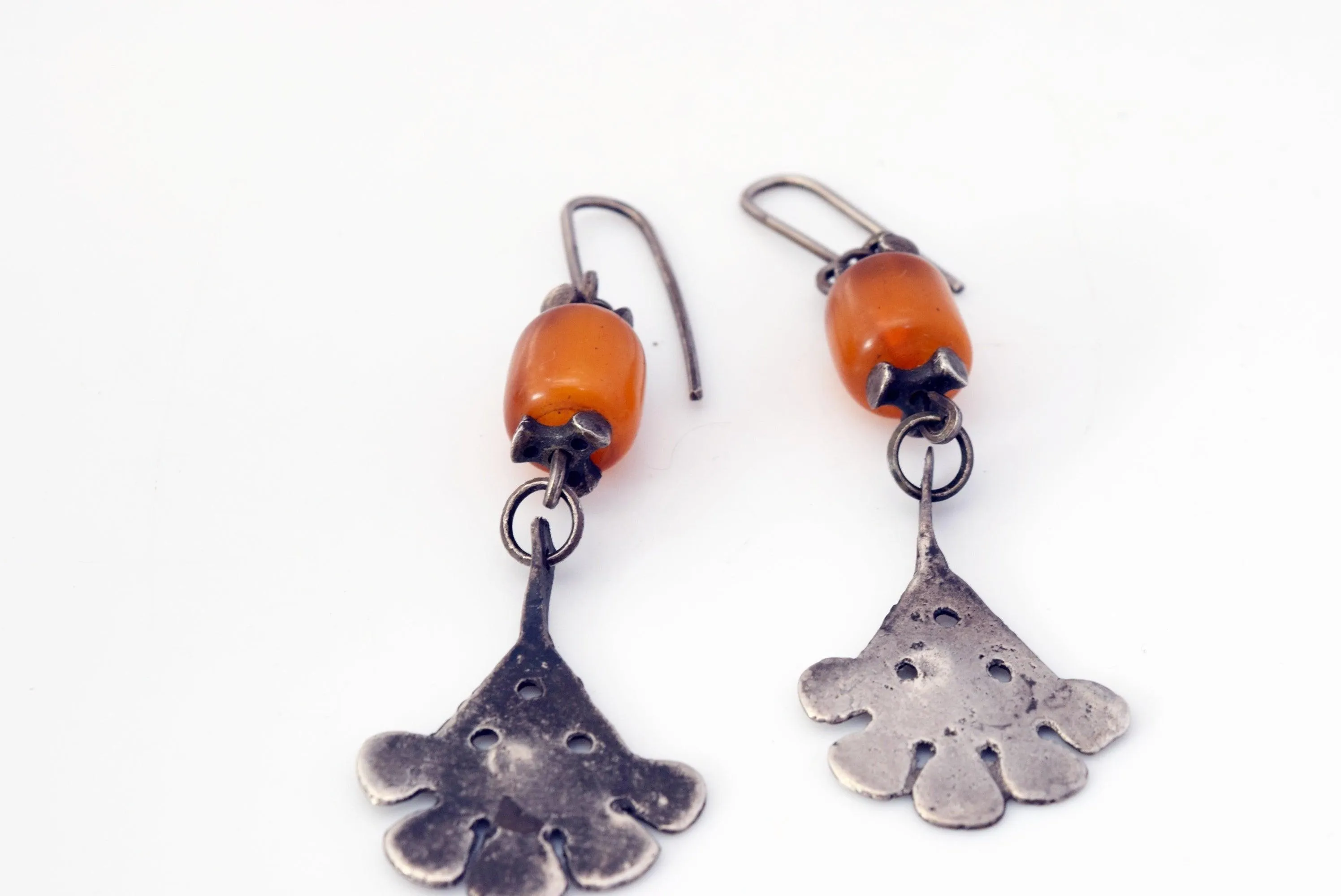 Antique Long Berber Earrings with Silver Khamsa and Bakelite
