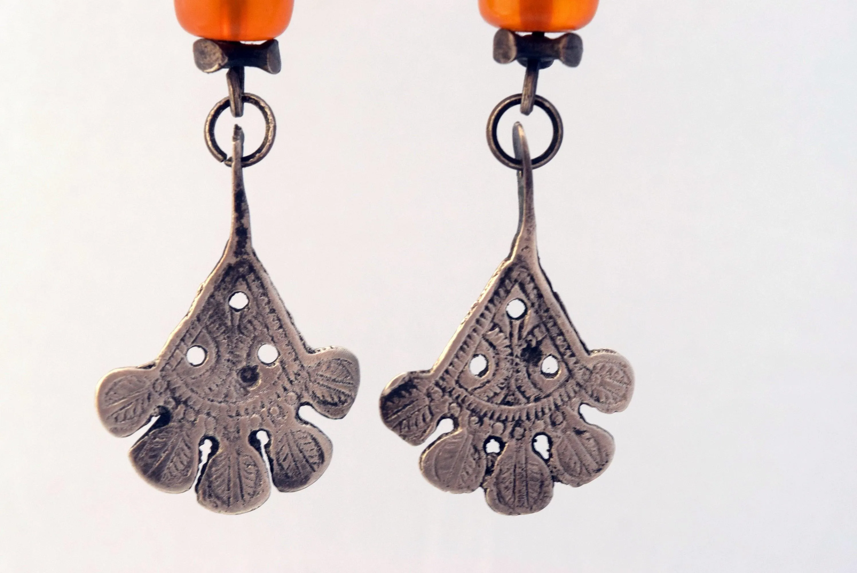 Antique Long Berber Earrings with Silver Khamsa and Bakelite