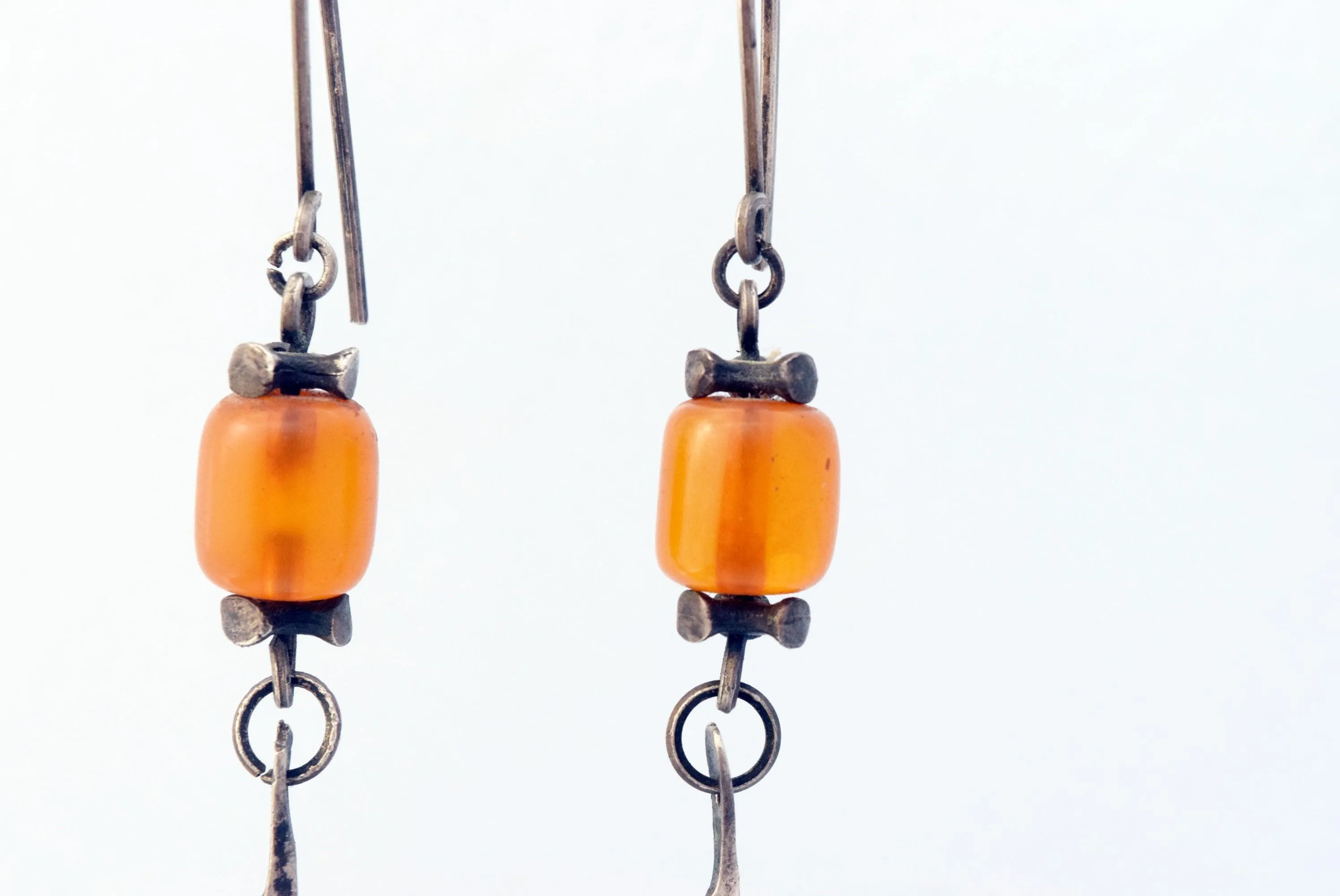 Antique Long Berber Earrings with Silver Khamsa and Bakelite