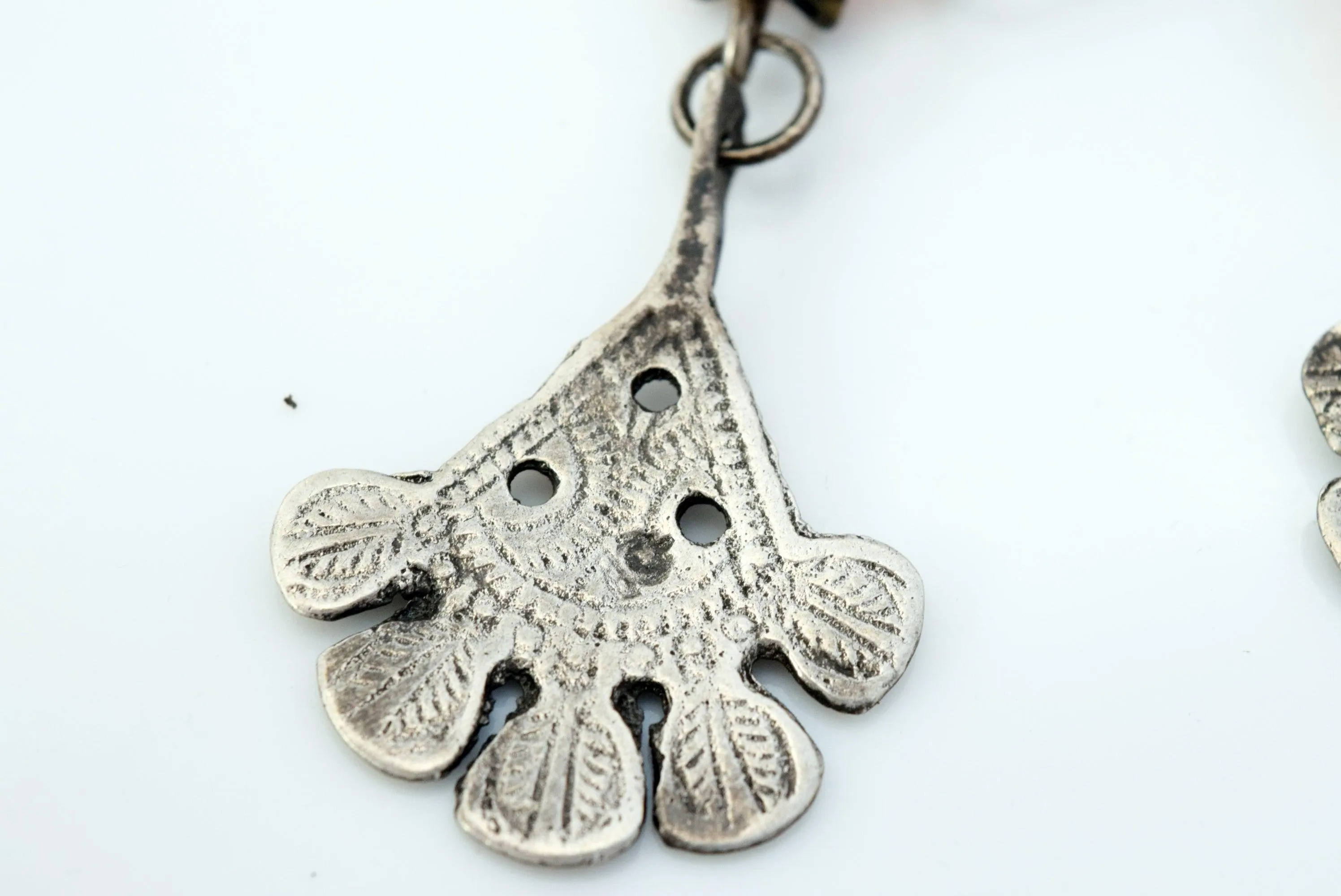 Antique Long Berber Earrings with Silver Khamsa and Bakelite