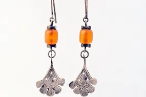 Antique Long Berber Earrings with Silver Khamsa and Bakelite
