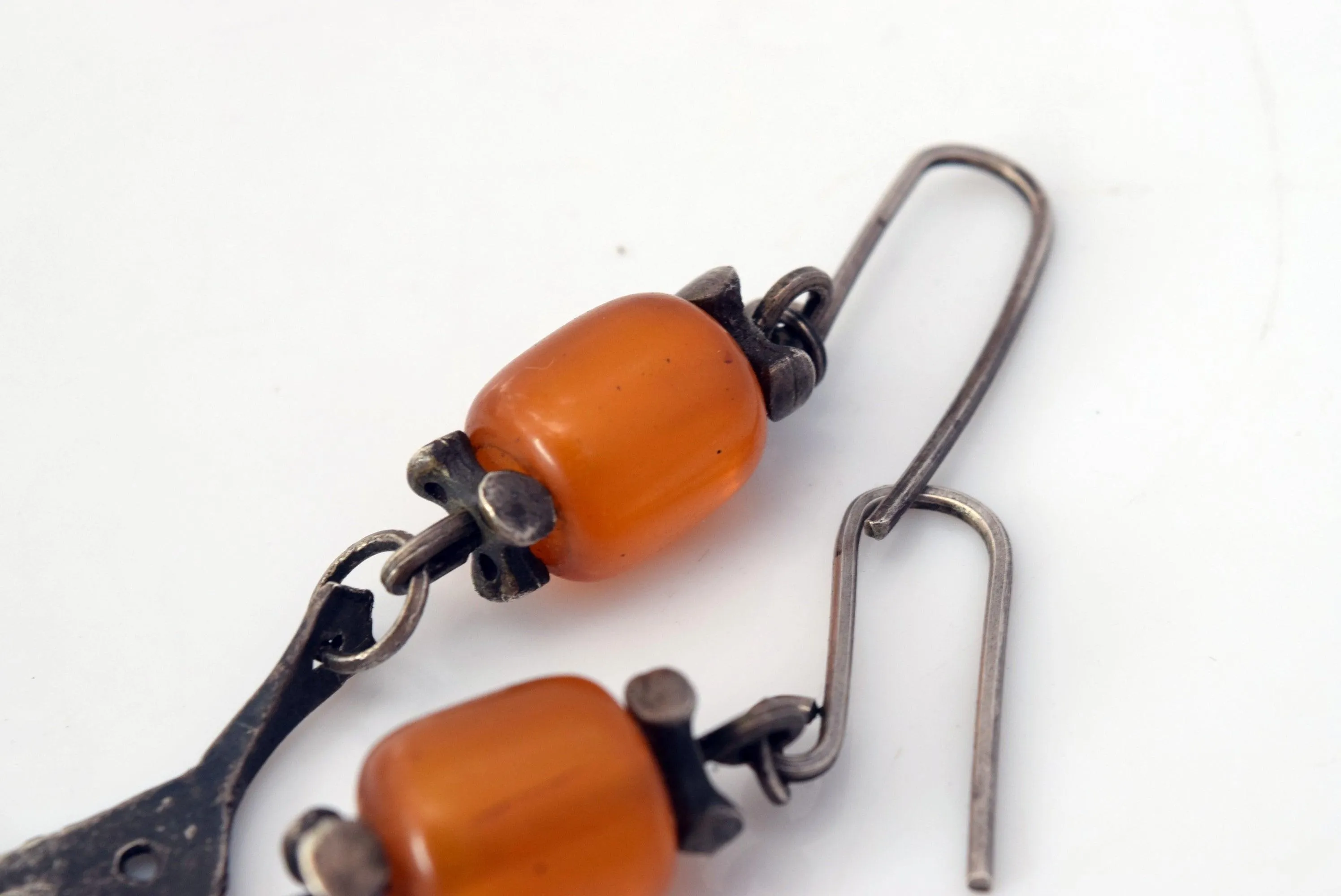 Antique Long Berber Earrings with Silver Khamsa and Bakelite