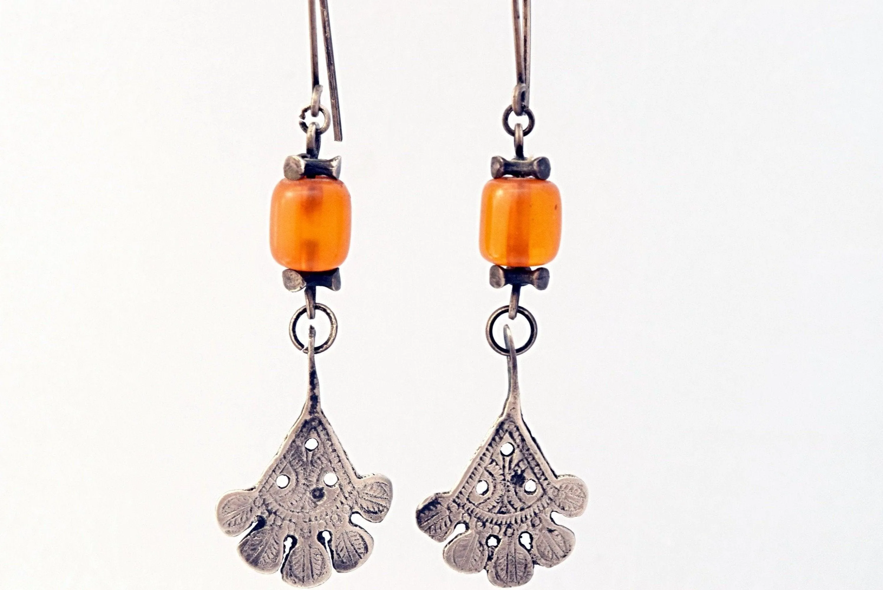 Antique Long Berber Earrings with Silver Khamsa and Bakelite