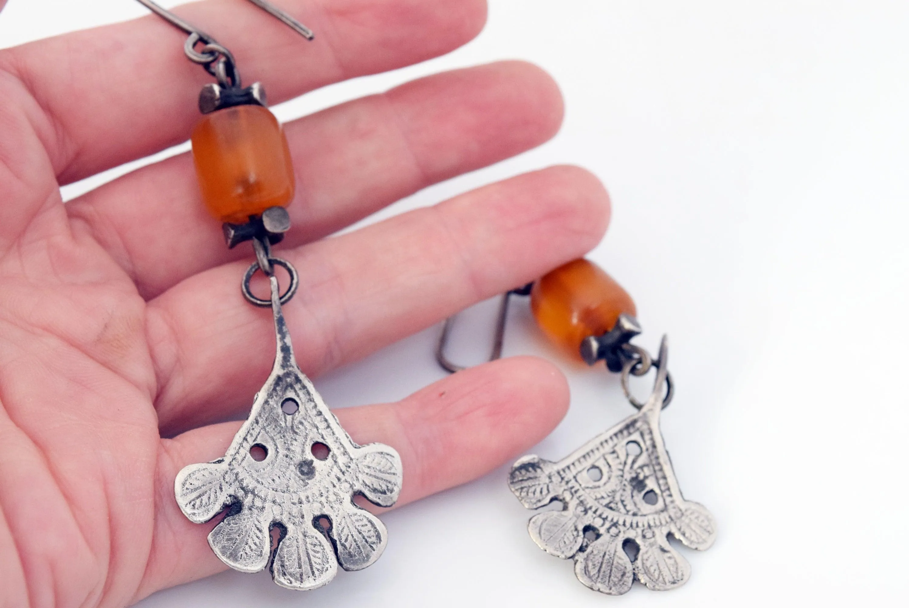 Antique Long Berber Earrings with Silver Khamsa and Bakelite
