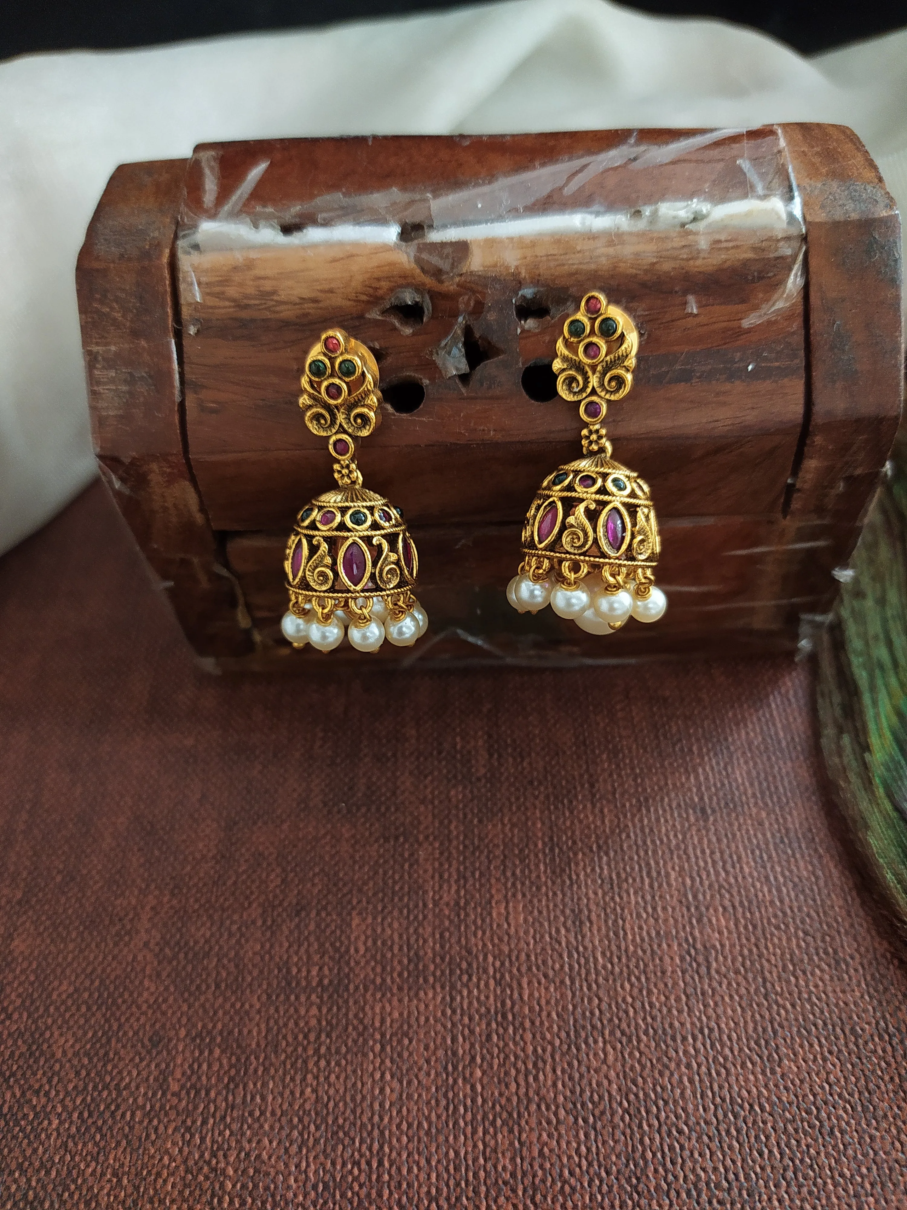 Antique Necklace with Jhumki-Kemp, Green Stones, and Pearl Drops