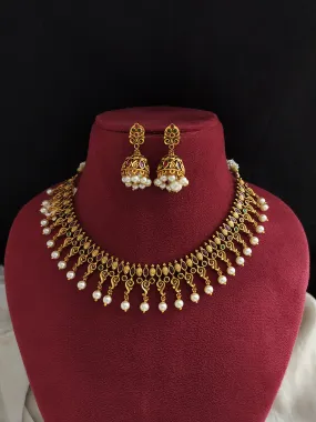 Antique Necklace with Jhumki-Kemp, Green Stones, and Pearl Drops