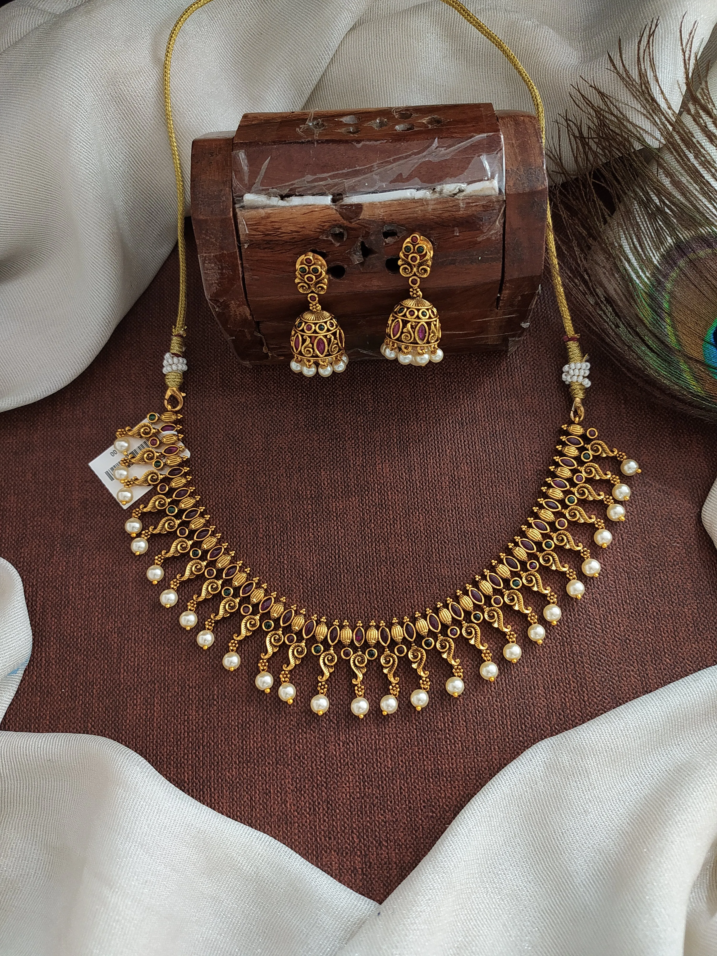 Antique Necklace with Jhumki-Kemp, Green Stones, and Pearl Drops