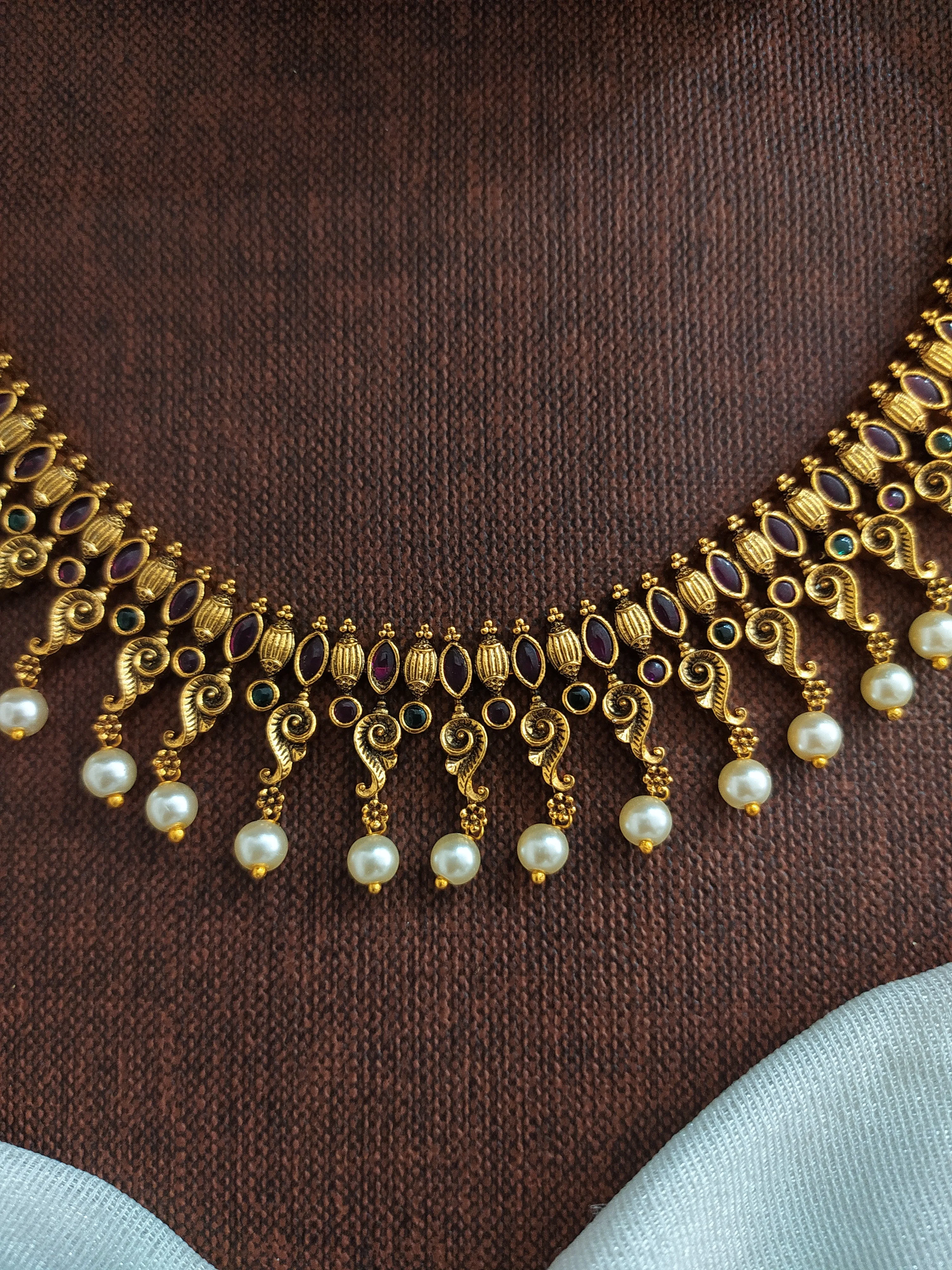 Antique Necklace with Jhumki-Kemp, Green Stones, and Pearl Drops