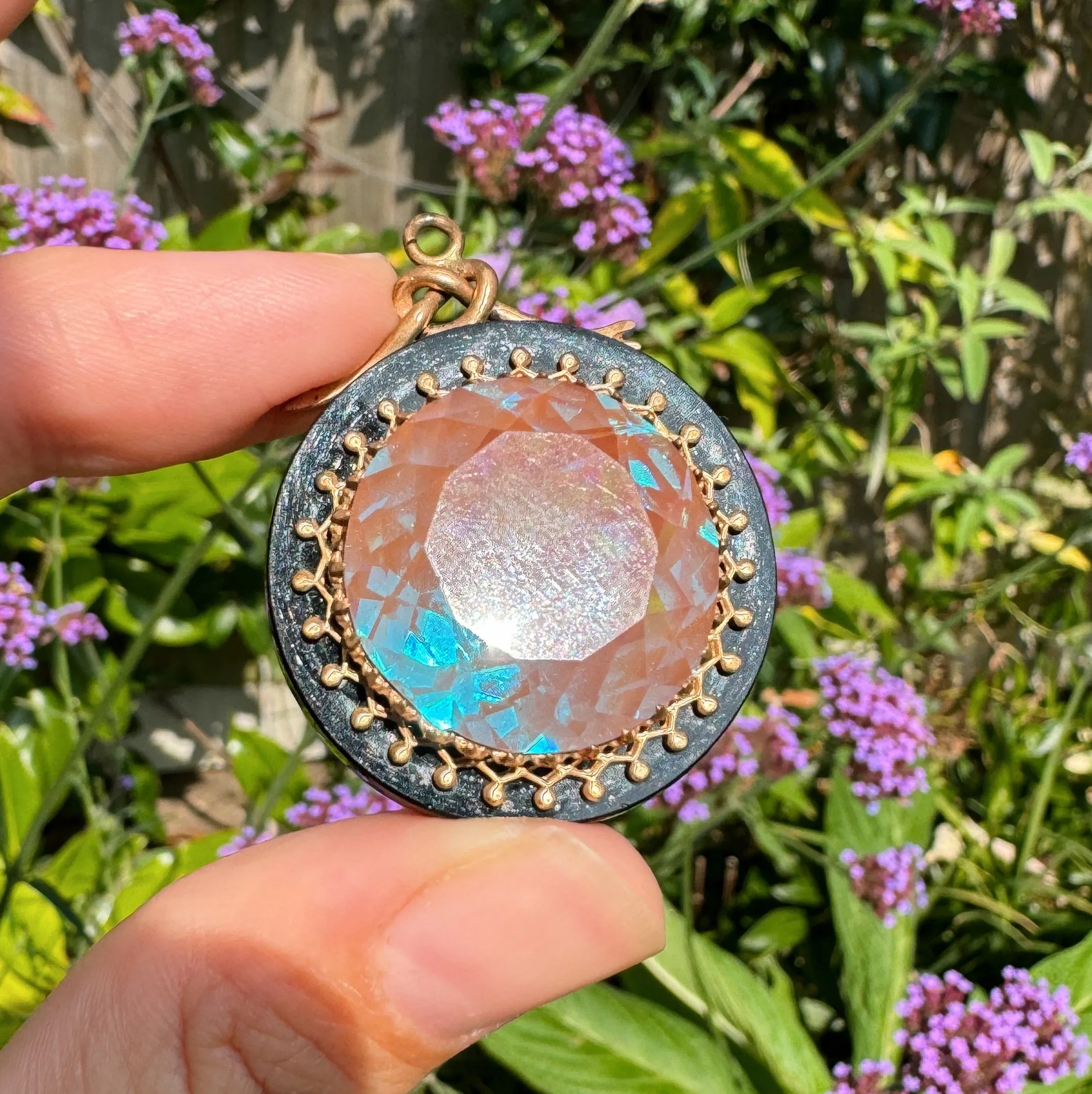 Antique Round Saphiret Glass Filigree Lucite Pendant