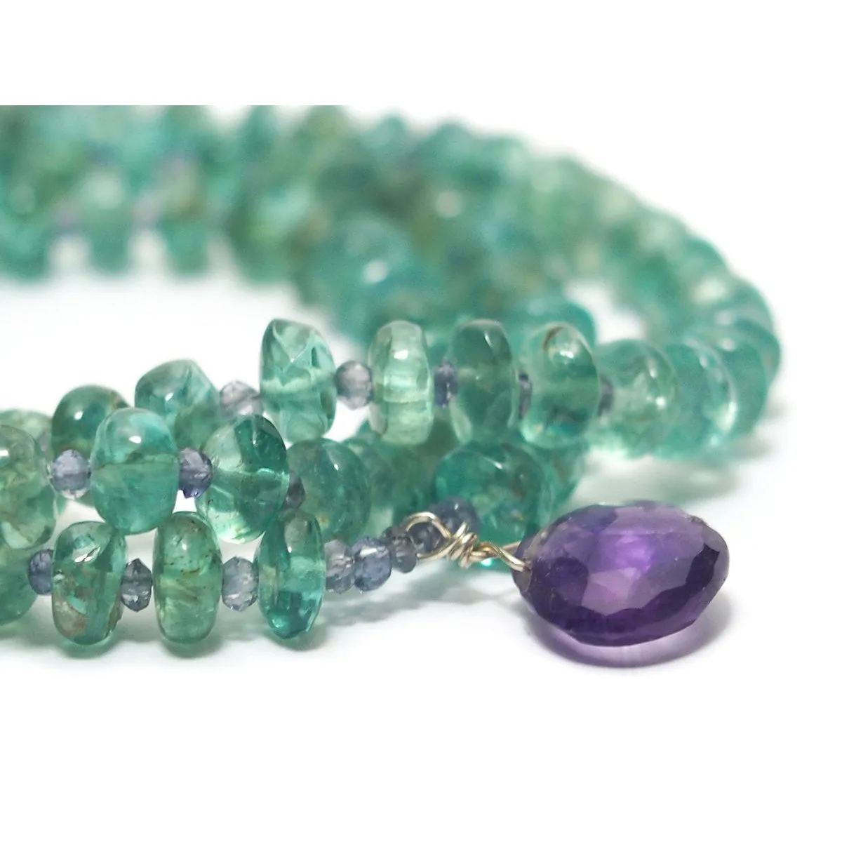 Apatite and Iolite Necklace with Amethyst Drop with Sterling Silver Trigger Clasp