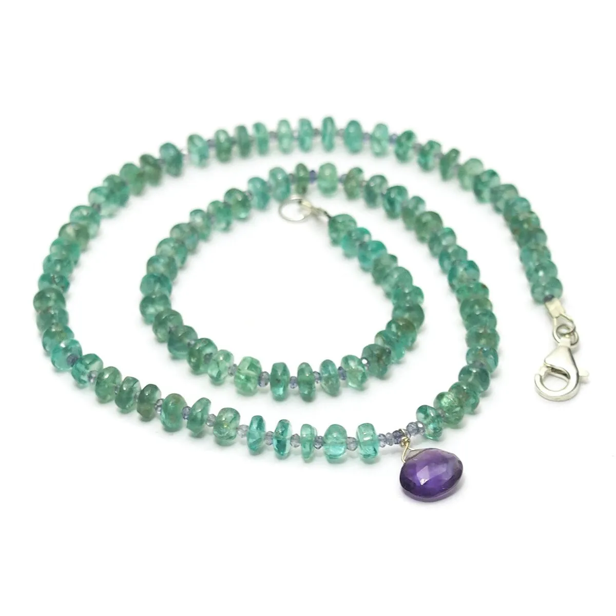 Apatite and Iolite Necklace with Amethyst Drop with Sterling Silver Trigger Clasp