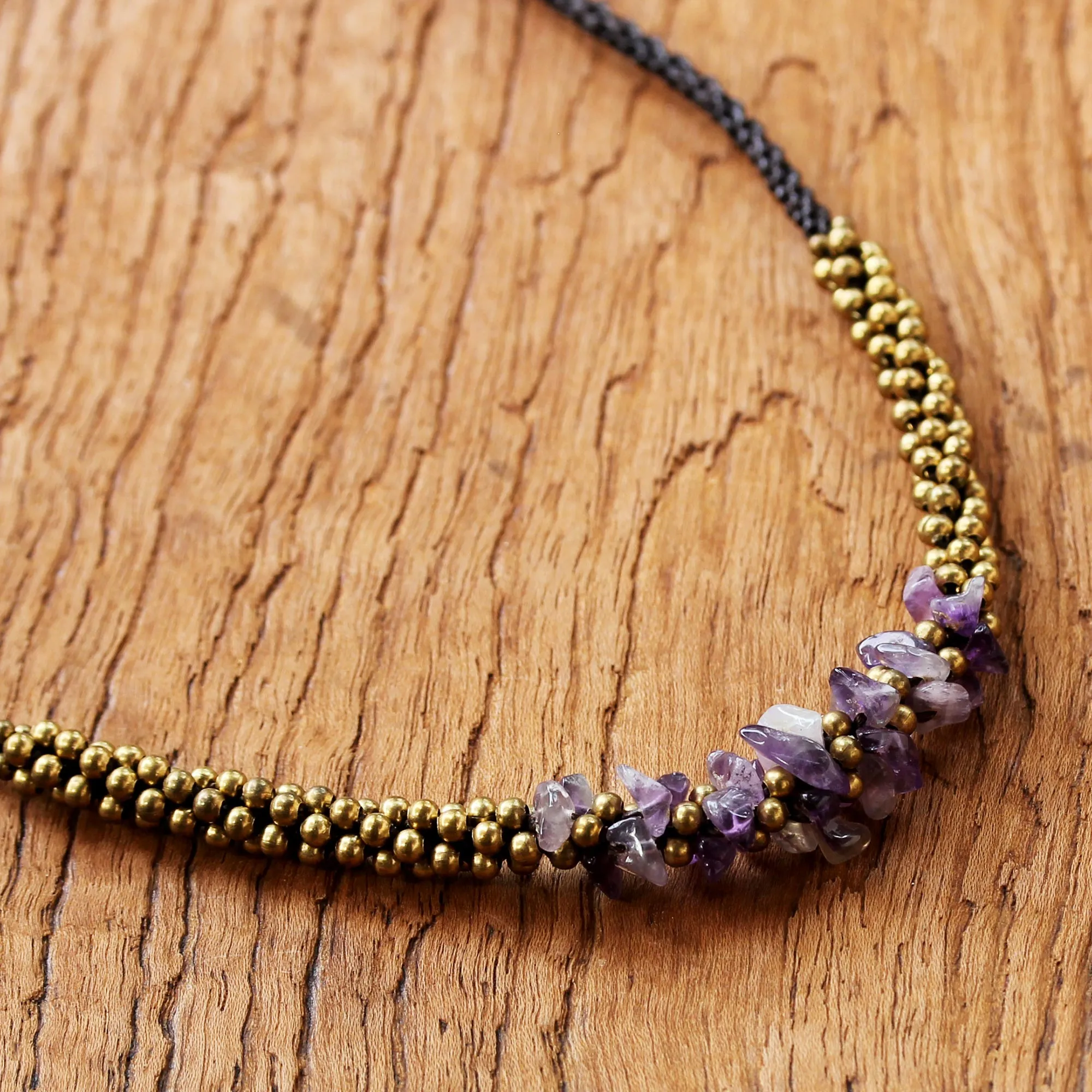 Artisan Crafted Brass Beaded Amethyst Necklace - Lilac Orchids | NOVICA