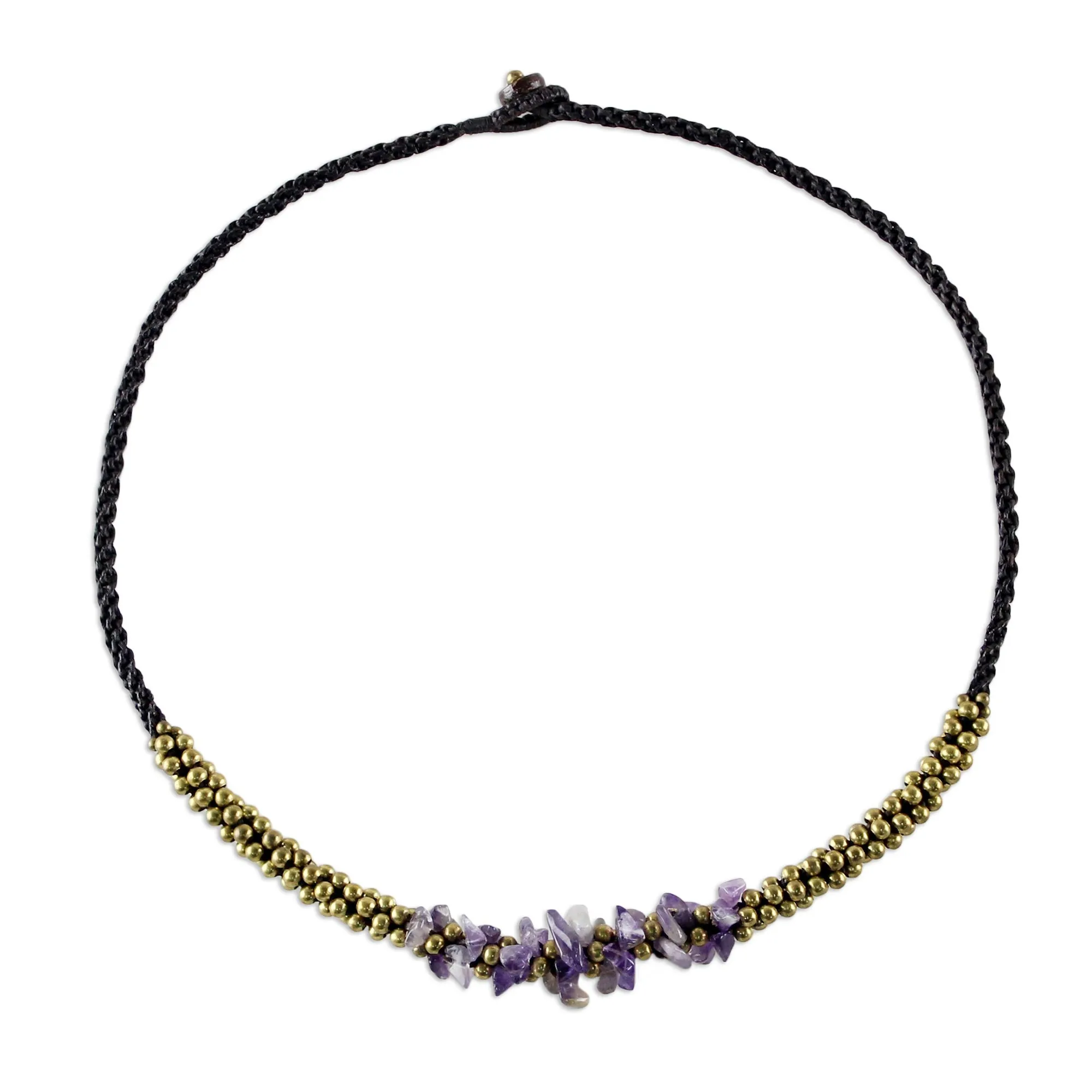 Artisan Crafted Brass Beaded Amethyst Necklace - Lilac Orchids | NOVICA