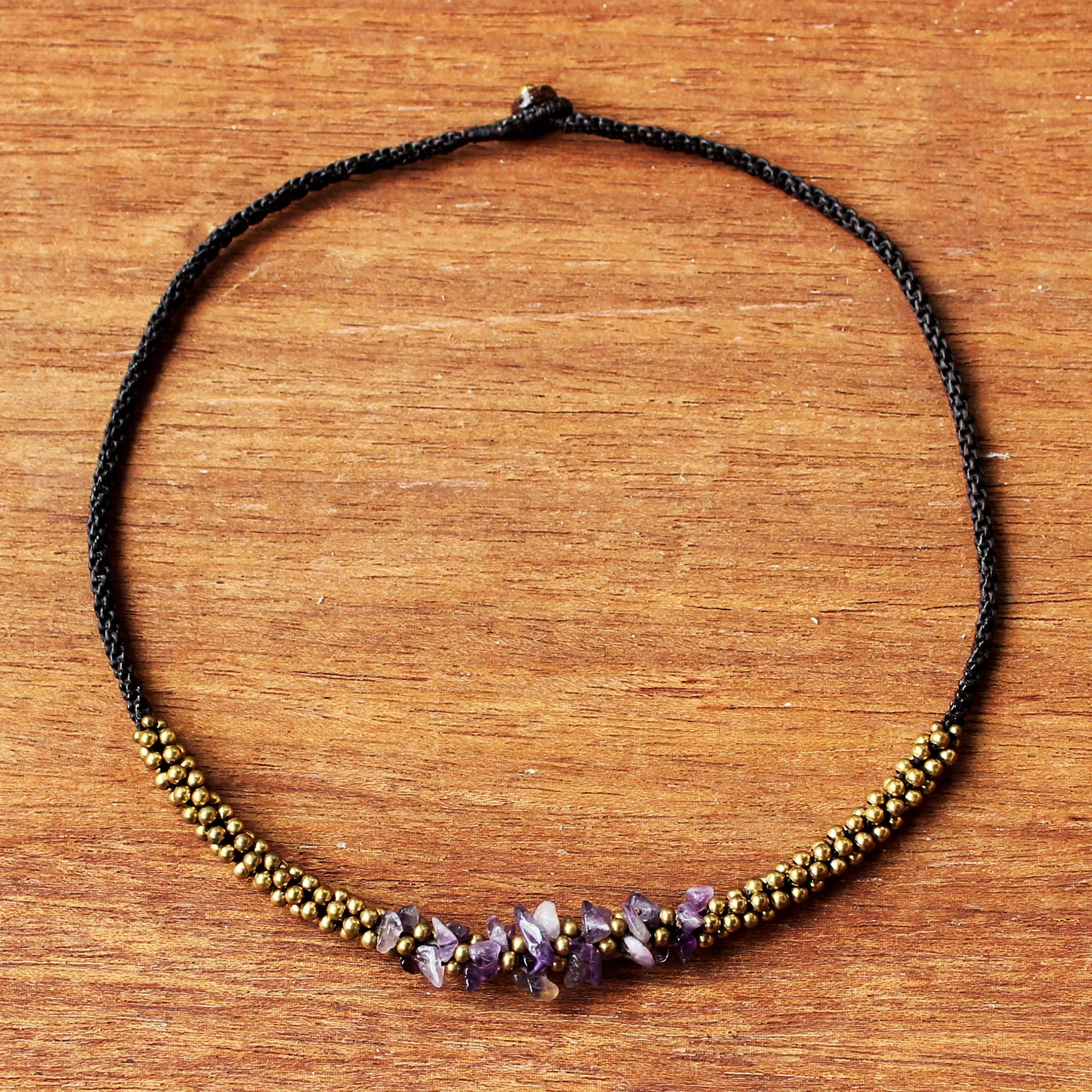 Artisan Crafted Brass Beaded Amethyst Necklace - Lilac Orchids | NOVICA