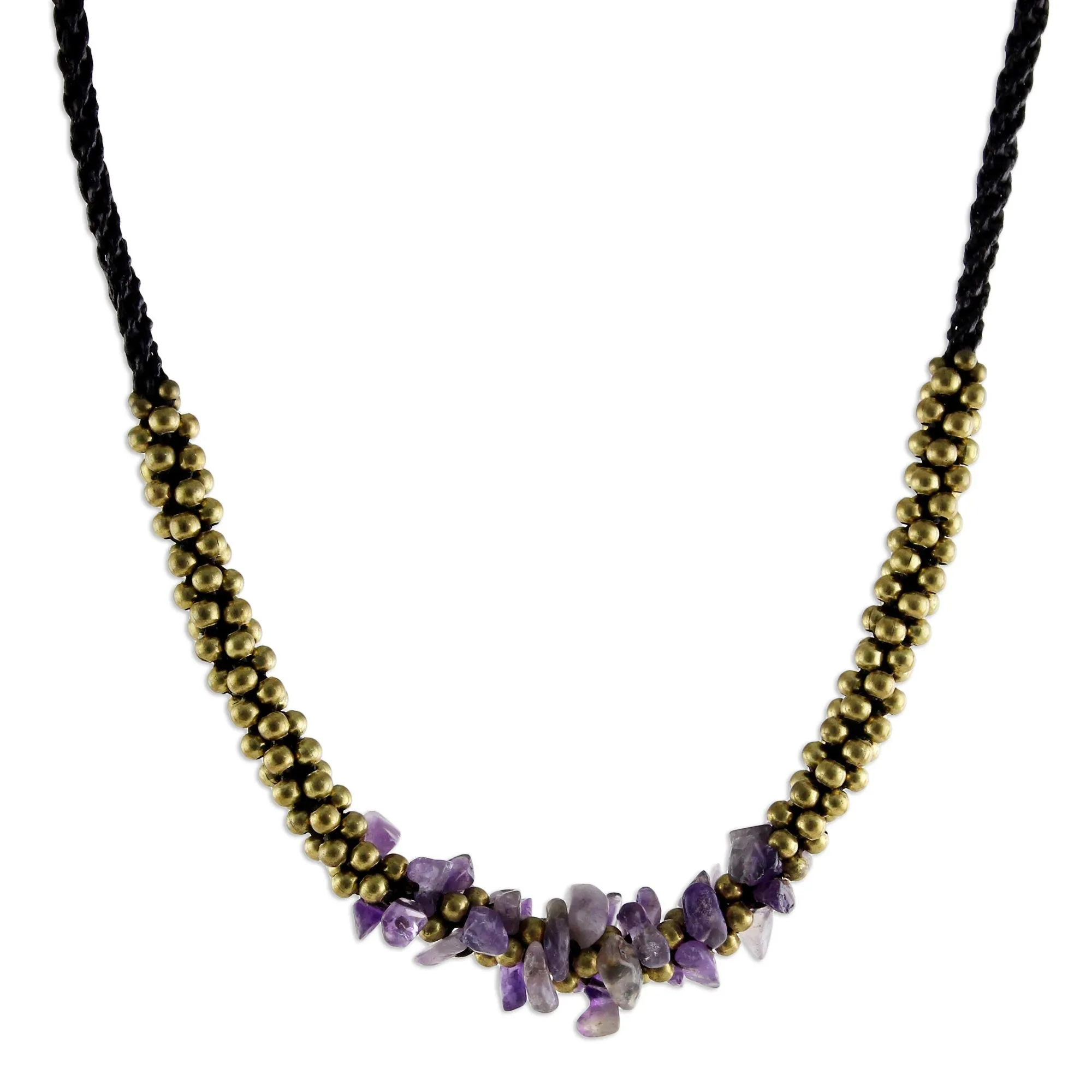 Artisan Crafted Brass Beaded Amethyst Necklace - Lilac Orchids | NOVICA