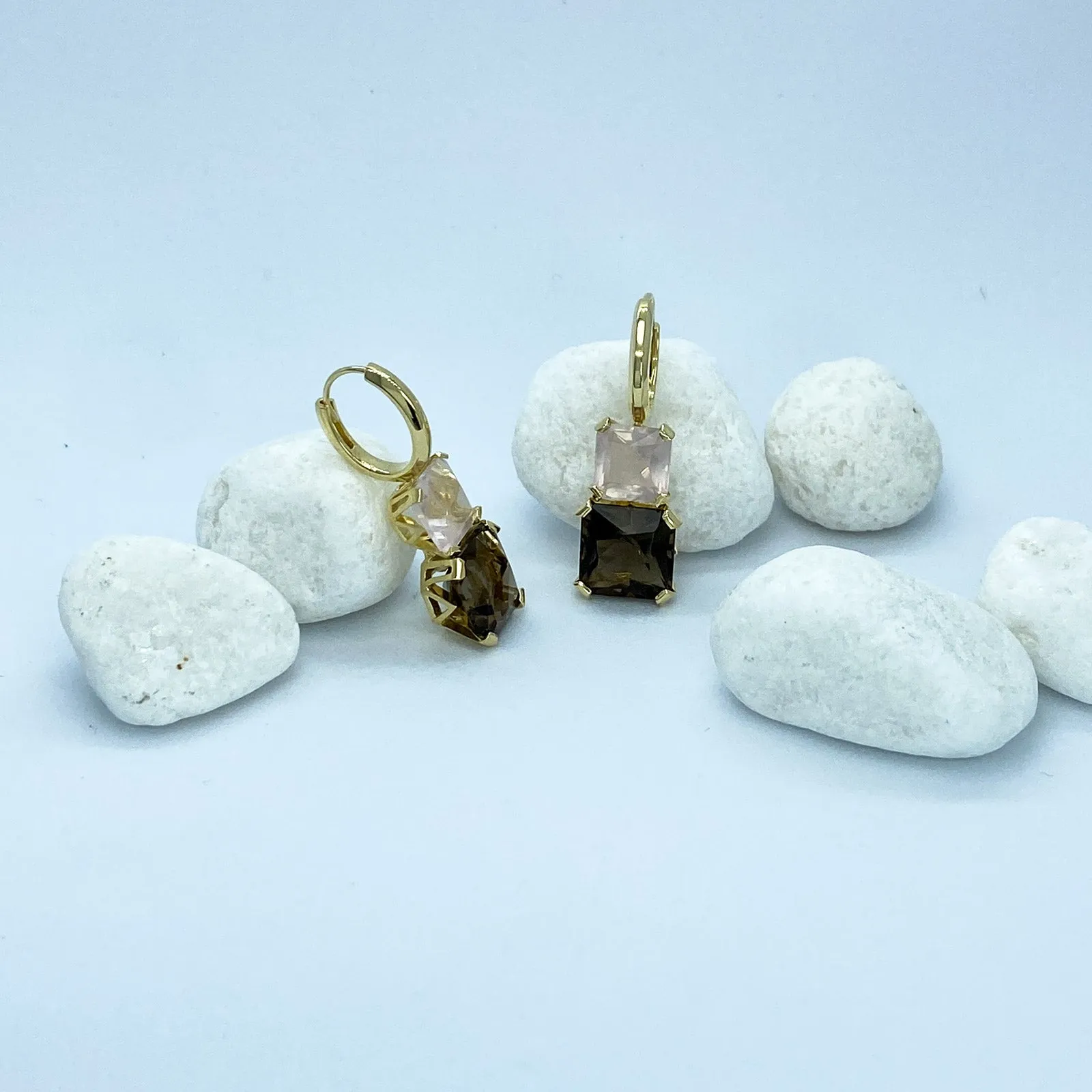 Asscher Cut Gemstone Earrings | Smoky and Rose Quartz | Sparkles Stargaze Collection