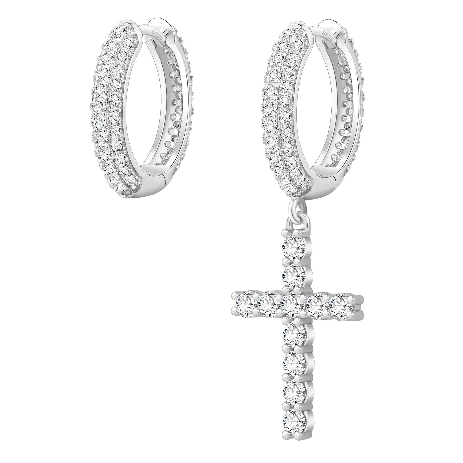 Asymmetric Hoop Earrings for Men with CZ Cross