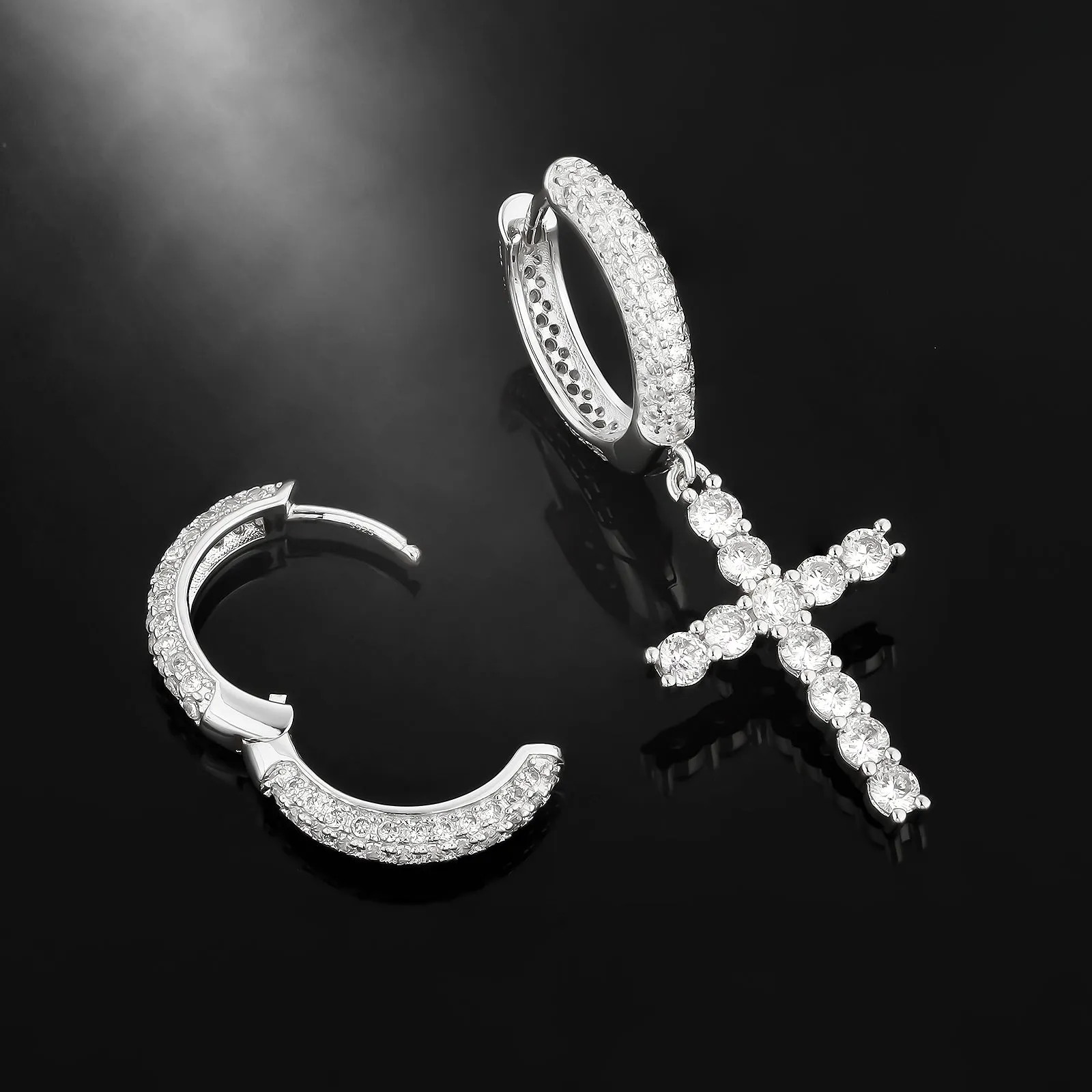 Asymmetric Hoop Earrings for Men with CZ Cross