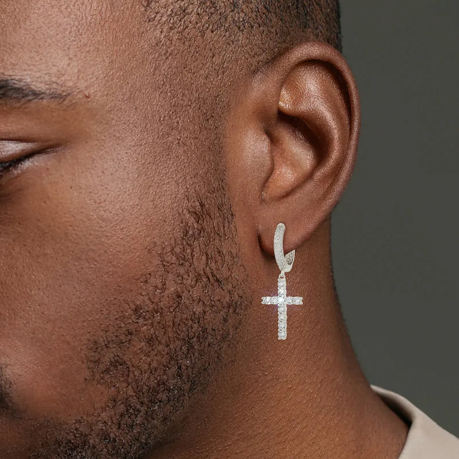 Asymmetric Hoop Earrings for Men with CZ Cross