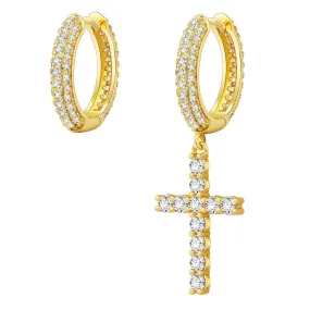 Asymmetric Hoop Earrings for Men with CZ Cross