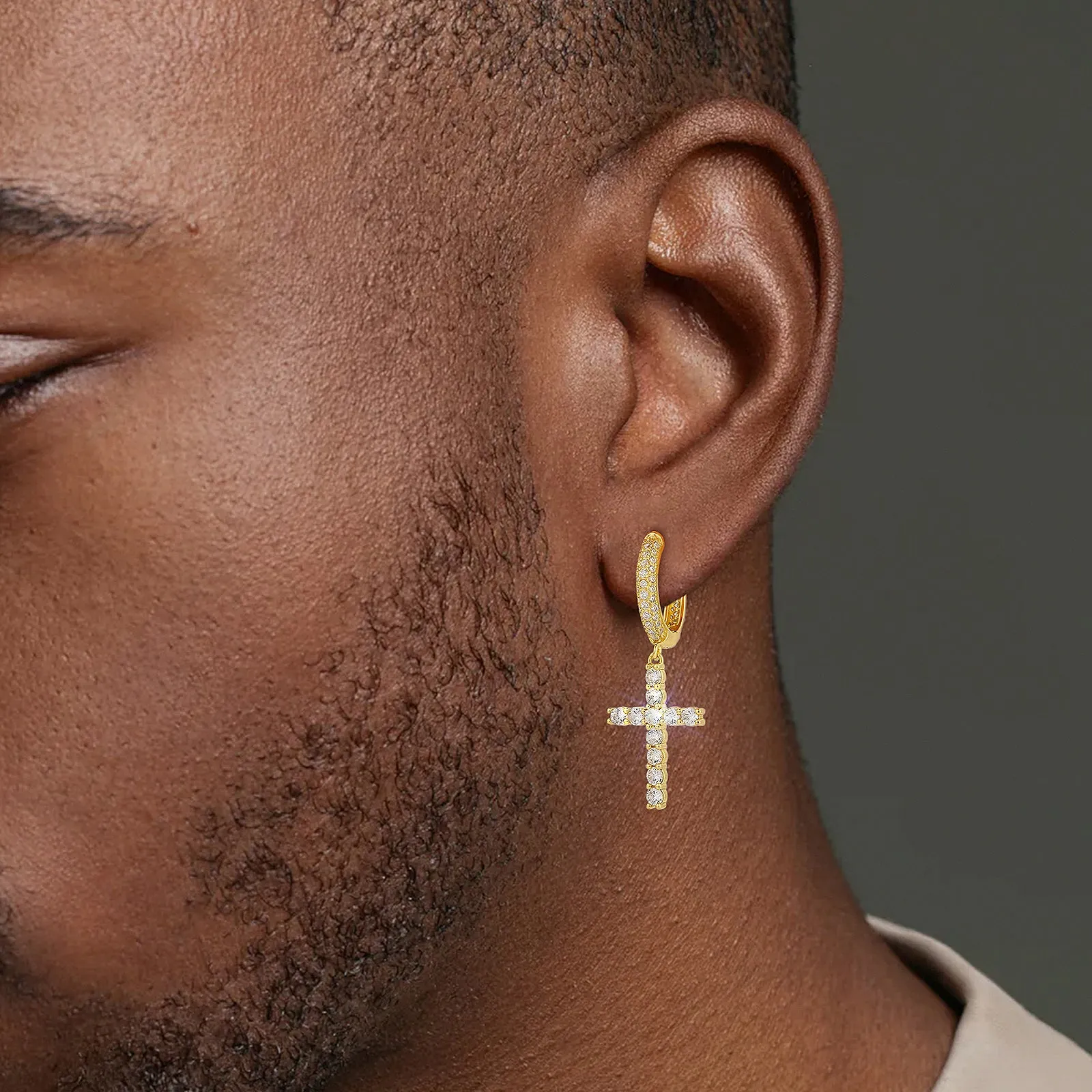Asymmetric Hoop Earrings for Men with CZ Cross