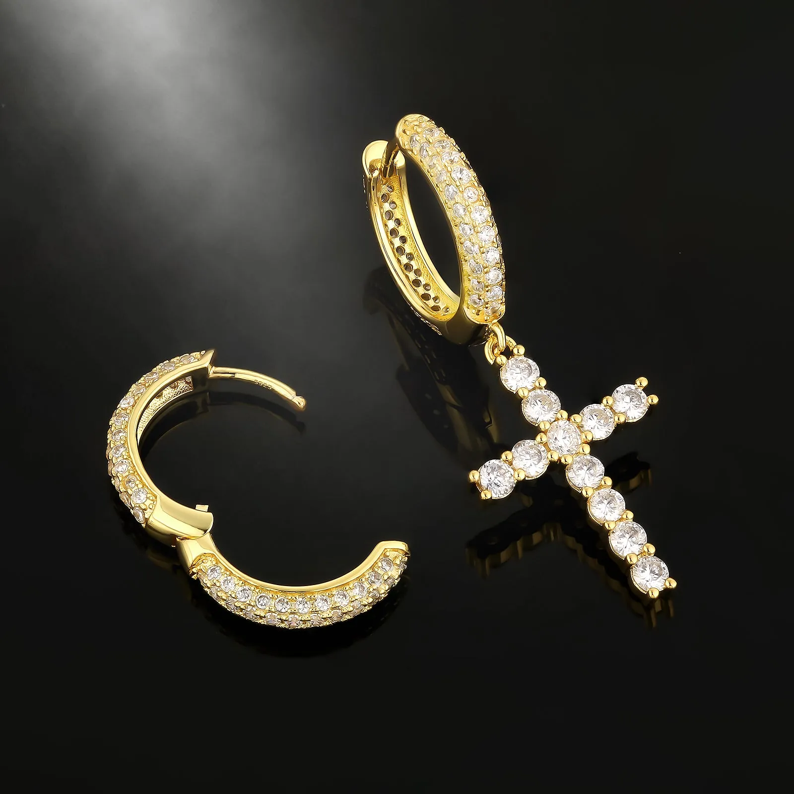 Asymmetric Hoop Earrings for Men with CZ Cross