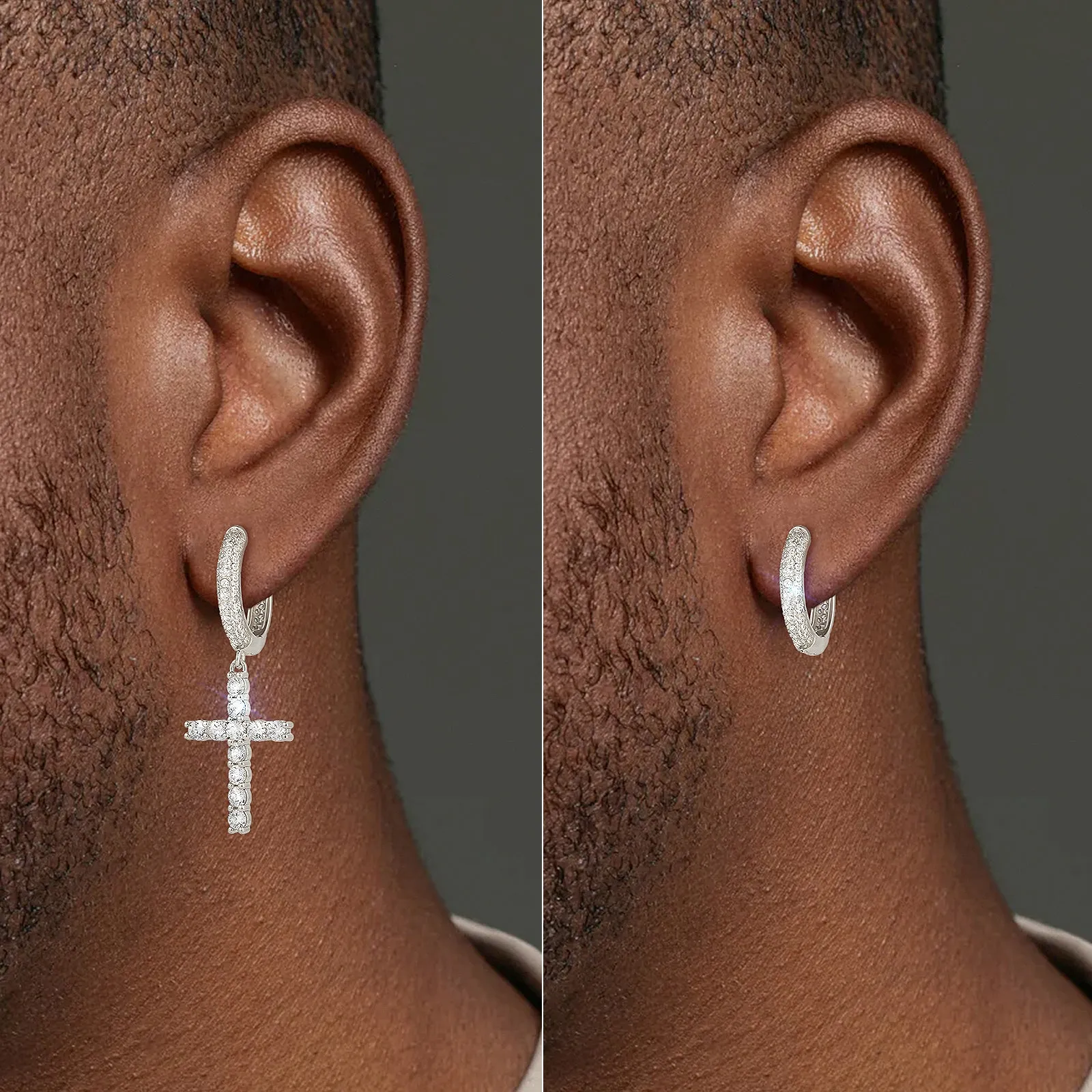 Asymmetric Hoop Earrings for Men with CZ Cross