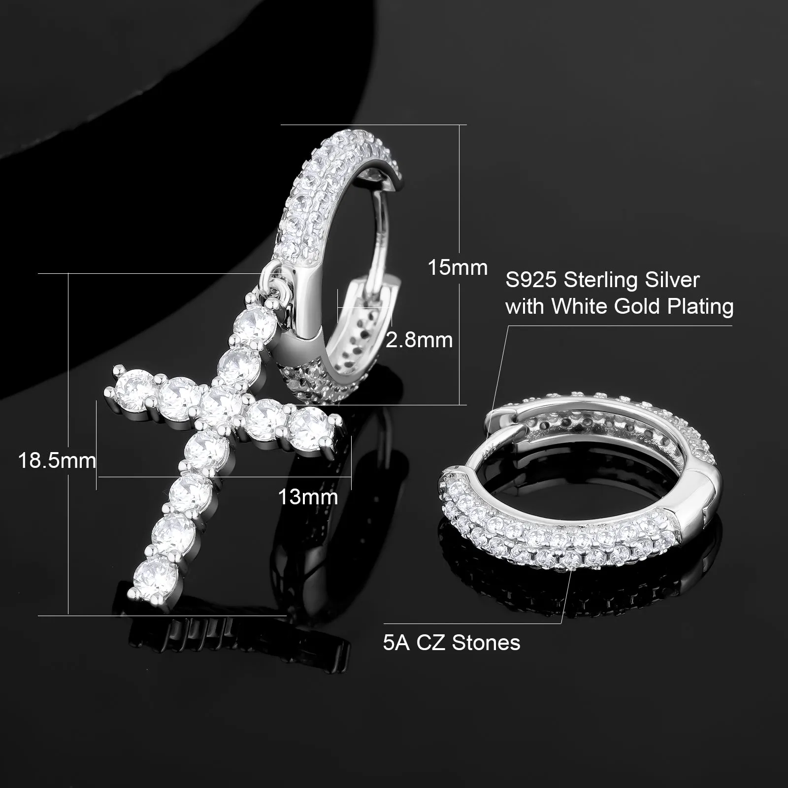 Asymmetric Hoop Earrings for Men with CZ Cross