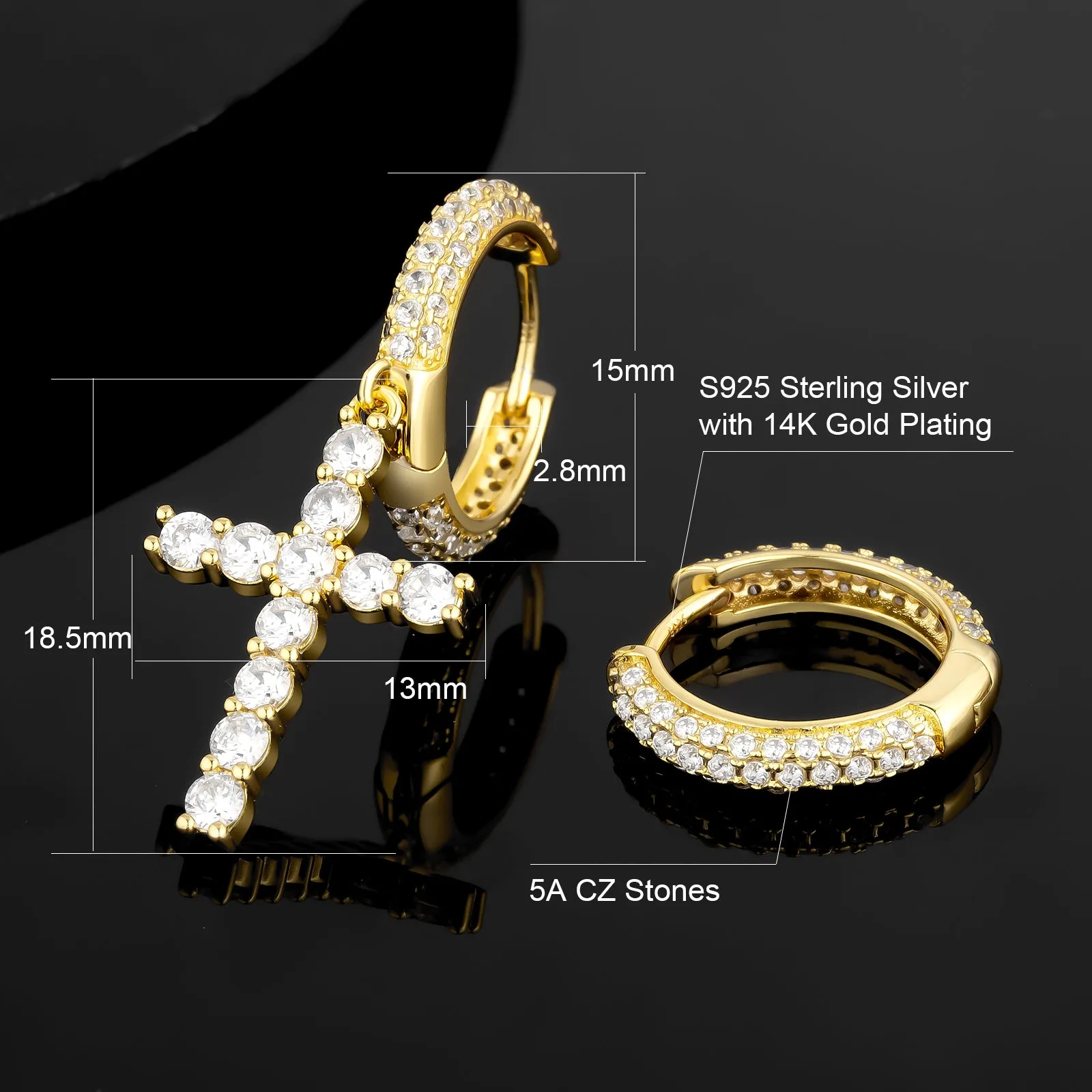 Asymmetric Hoop Earrings for Men with CZ Cross