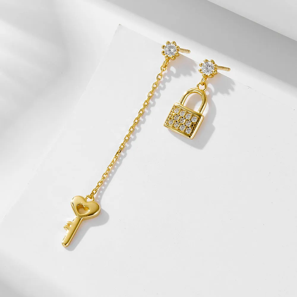 Asymmetrical Zircon Lock and Long Tassel Key Sterling Silver Drop Earrings