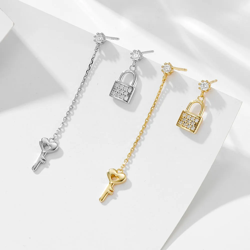 Asymmetrical Zircon Lock and Long Tassel Key Sterling Silver Drop Earrings