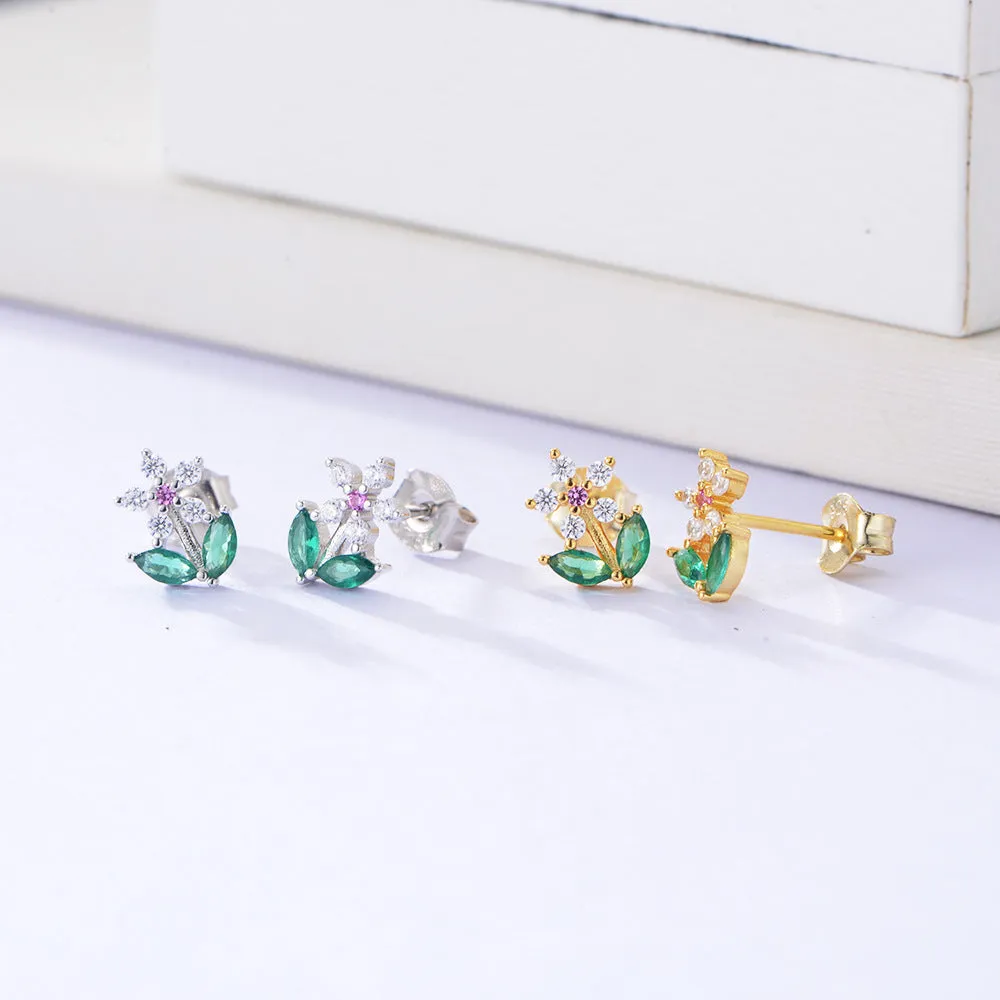 Colourful Zircon Small Flower Silver Studs Earrings for Women