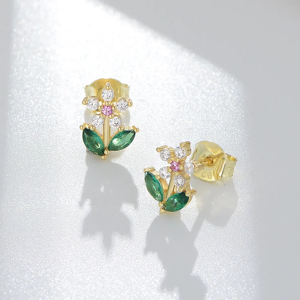 Colourful Zircon Small Flower Silver Studs Earrings for Women