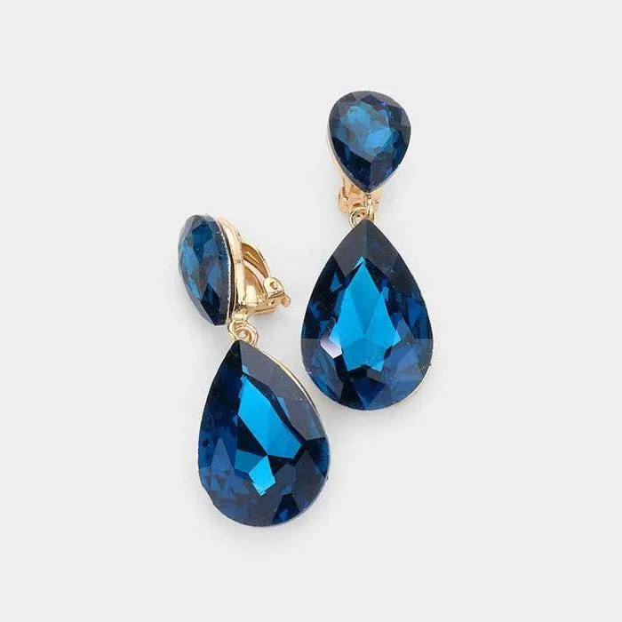 Crystal Blue Zircon Double Teardrop Clip On Evening Earrings