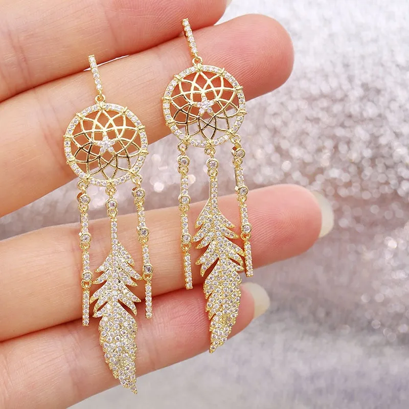 Cubic Zirconia Vintage Tassel Earrings Feather Earrings Women's Dream Catcher Earrings Fashion Party Jewelry LYE052